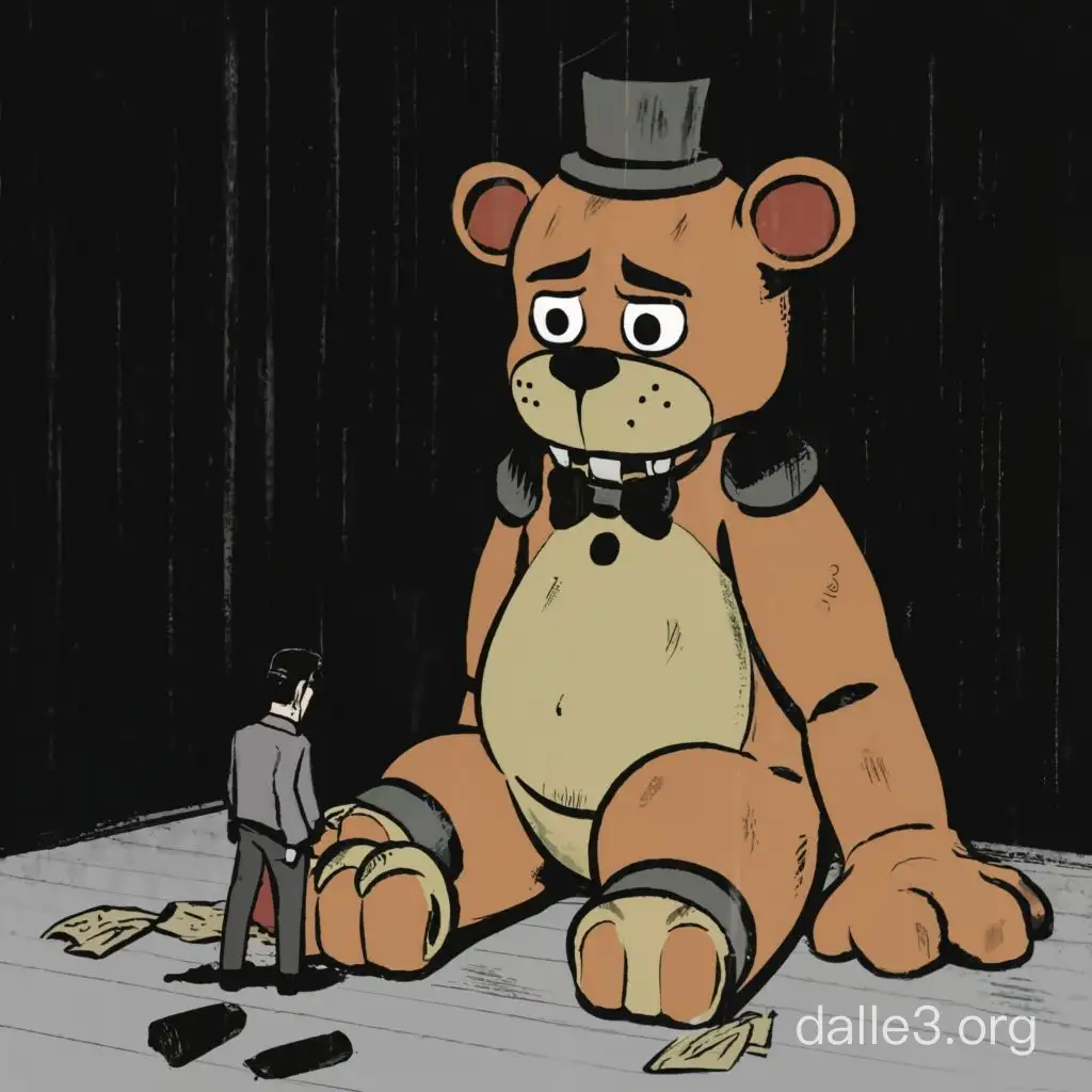 Incredibly sad matteo Salvini standing over Freddy fazbear in a comic in the style of dramatic manga