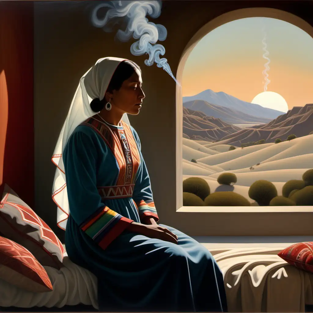 The painting captures a serene rural landscape, reminiscent of Bo Bartlett's style, featuring rolling hills and a tranquil setting. In the forefront stands a modest dwelling, bathed in the gentle light of dawn. Inside the dwelling is an indigenous Mexican woman, Mary. She exudes grace and humility, with dark hair cascading loosely, wearing traditional garments adorned with vibrant colors and intricate patterns that echo her cultural heritage.

Above Mary hovers a mystical wisp of smoke, embodying the presence of Gabriel. The smoke curls gracefully, ethereal and translucent, emanating a celestial luminescence that captivates the scene. Rather than a distinct figure, this smoky presence evokes an otherworldly messenger, delivering a divine message in a formless yet captivating manner.

The setting offers subtle yet meaningful details: sunlight streaming through a window, illuminating Mary and emphasizing the moment's significance. Symbolic elements from Mexican indigenous culture, like vibrant textiles, indigenous plants, or symbolic artifacts, subtly interweave with the scene, bridging the biblical narrative with the cultural context.

Bartlett's trademark style is retained in the composition, utilizing soft, harmonious colors and meticulous detailing to convey the quiet but profound moment of revelation as Mary contemplates the otherworldly communication brought by the enigmatic, smoke-like Gabriel.






