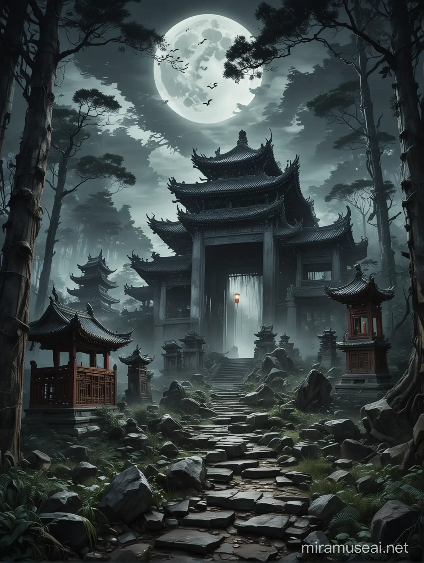 生成一张
悬疑、鬼怪类小说配封面图，有残缺的中国元素的破庙，有树林，有月光，有恐怖动物
