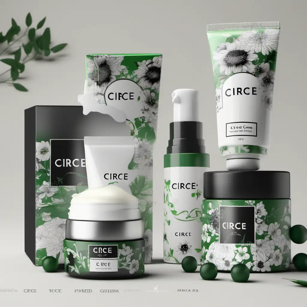 main subject is face cream box. brand name is circe. box is white and green, black flowers. grainy back ground