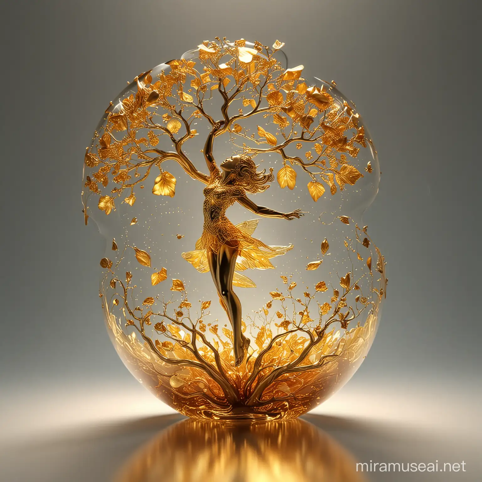 photograph, photorealistic, ultra-realistic, intricately detailed, wide angle, fine fractal glossy vivid colored shiny contours outlines of a glass apple with a ("a glowing golden flying female fairy uses her wand to transform a tree to solid gold.") inside, surreal, gradient, windy, petals floating on the wind, swirling ribbons of ink and light. linquivera, liiv1 high quality UHD