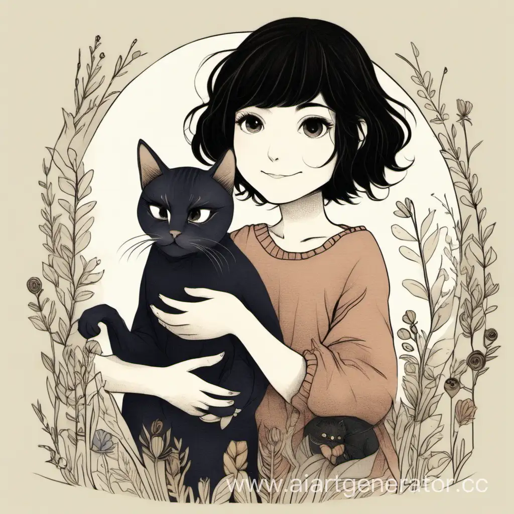 Девушка с коротким темным волосом с ребенком и кошкой