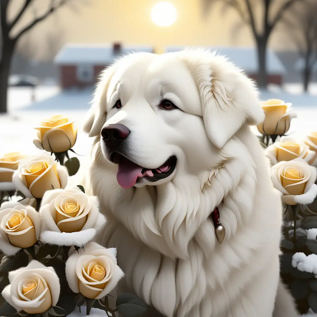 Adorable Great Pyrenees Puppies Surrounded by BiColored Roses on a Sunny Winter Day