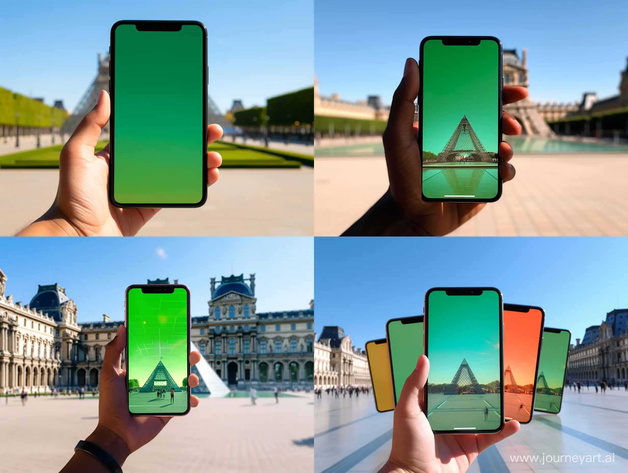 a hand holding an iPhone 15 with a green screen, with the entrance of the Louvre museum in the background, daylight. sunny. ratio 16:9