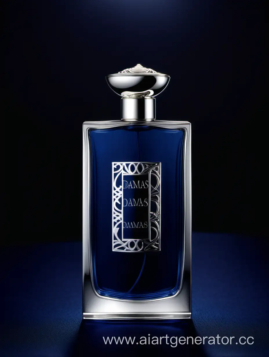 A luxurious (((silver and dark matt blue perfume))), crafted with intricate 3D details reflecting light around a ((black background)), with a elegant ((Damas text logo))