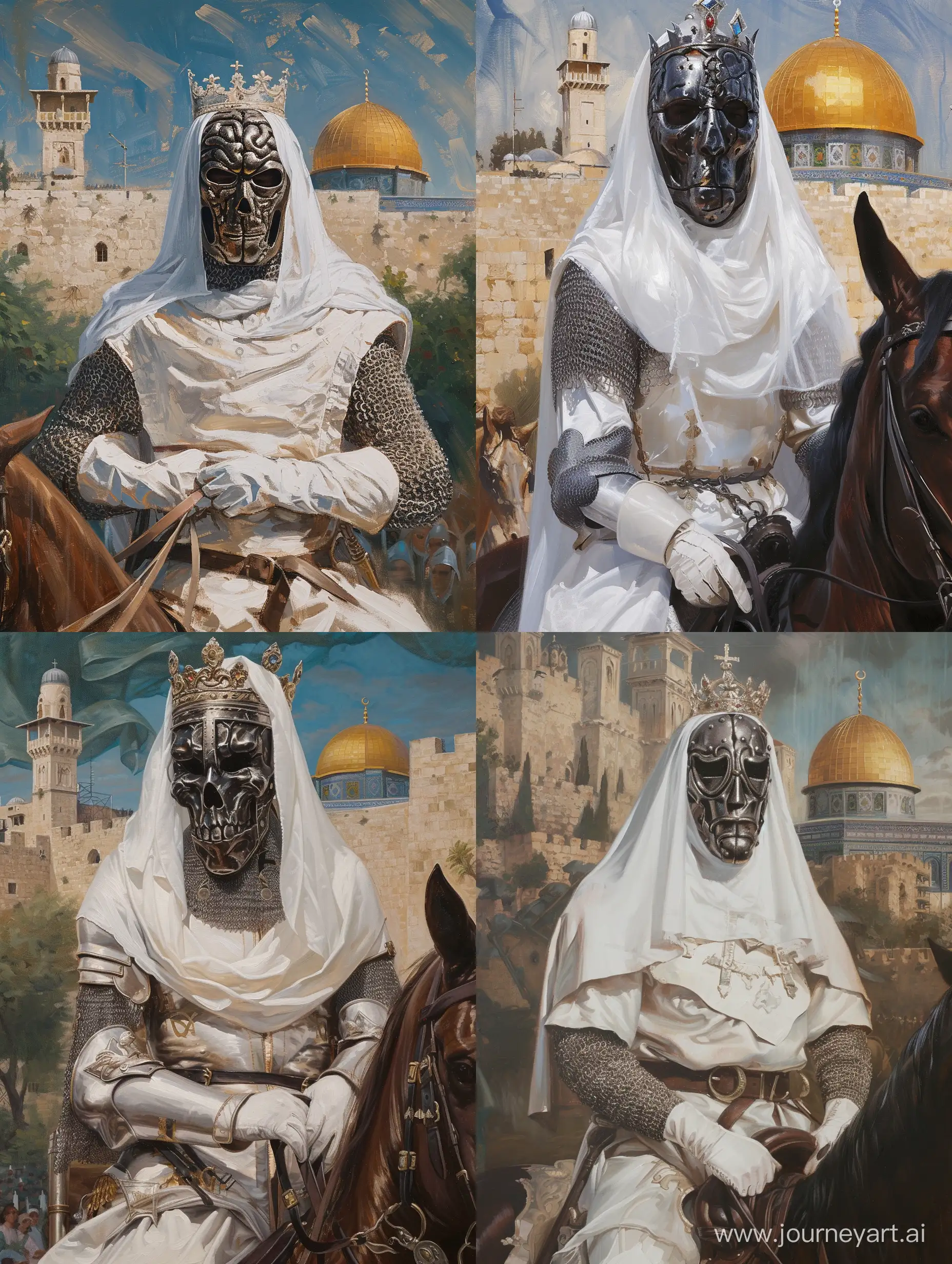 King Baldwin IV of Jerusalem. He is wearing white tabard over chainmail. Full face covering iron human face shaped mask. White veil and king crown. White silk gloves. He is on his horse. Jerusalem themed background. Oil painting. Brush strikes.