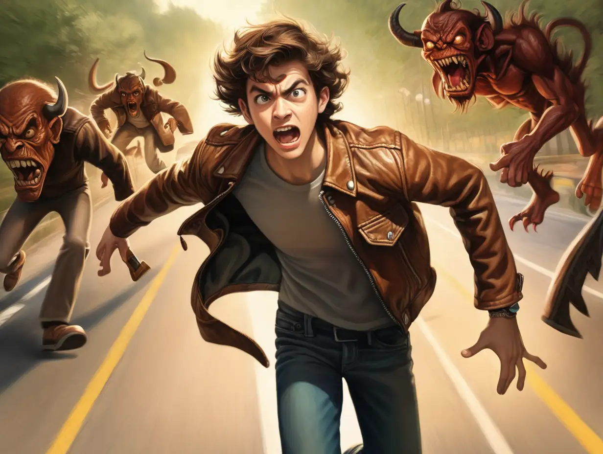 a young man wearing a brown leather jacket being chased down a road by demons