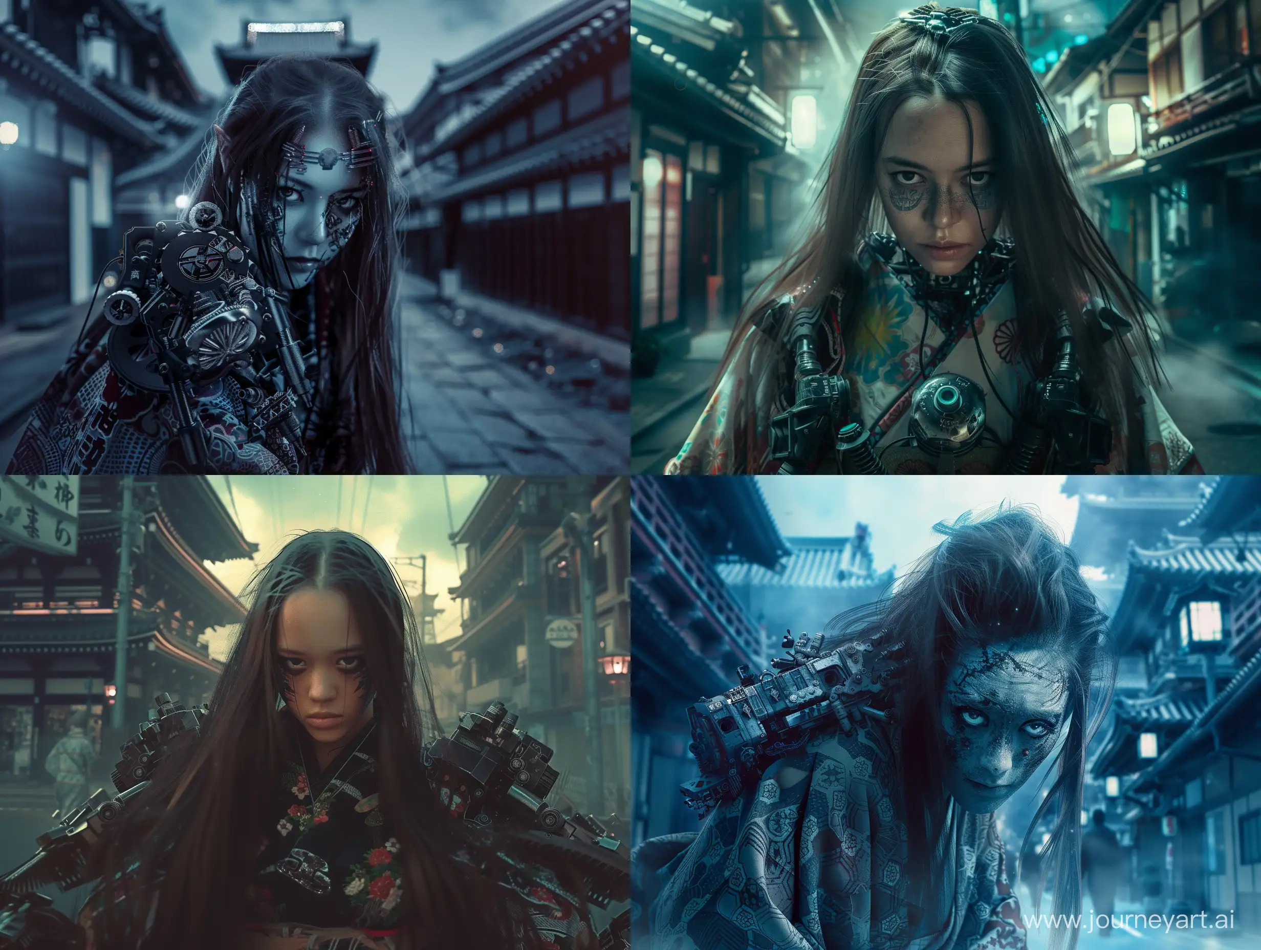 In the future city, on the streets late at night, people discovered a Japanese female monster combined with complex machinery. She was wearing a Japanese kimono, with long hair, her head slightly lowered, and when she stretched her neck, she could see the intricately detailed mechanical accessories. Eyes staring angrily ahead, The wide shot captures Surrounded by majestic ancient Japanese temples, creating a breathtaking masterpiece filled with intricate details. The high quality 4K photo showcases sharp focus, emphasizing the creature's presence. Immersed in a horror realm, Contains elements of cyberpunk,  this digital art piece exudes the enchanting essence of the dark crystal movie style, evoking a sense of wonder and intrigue.hyper quality, FHD, 8K, Realism, cinematic feeling, action expression in the plot of the movie, Ultra HD bright, original photo, very sharp, 18mm lens, realistic, photography