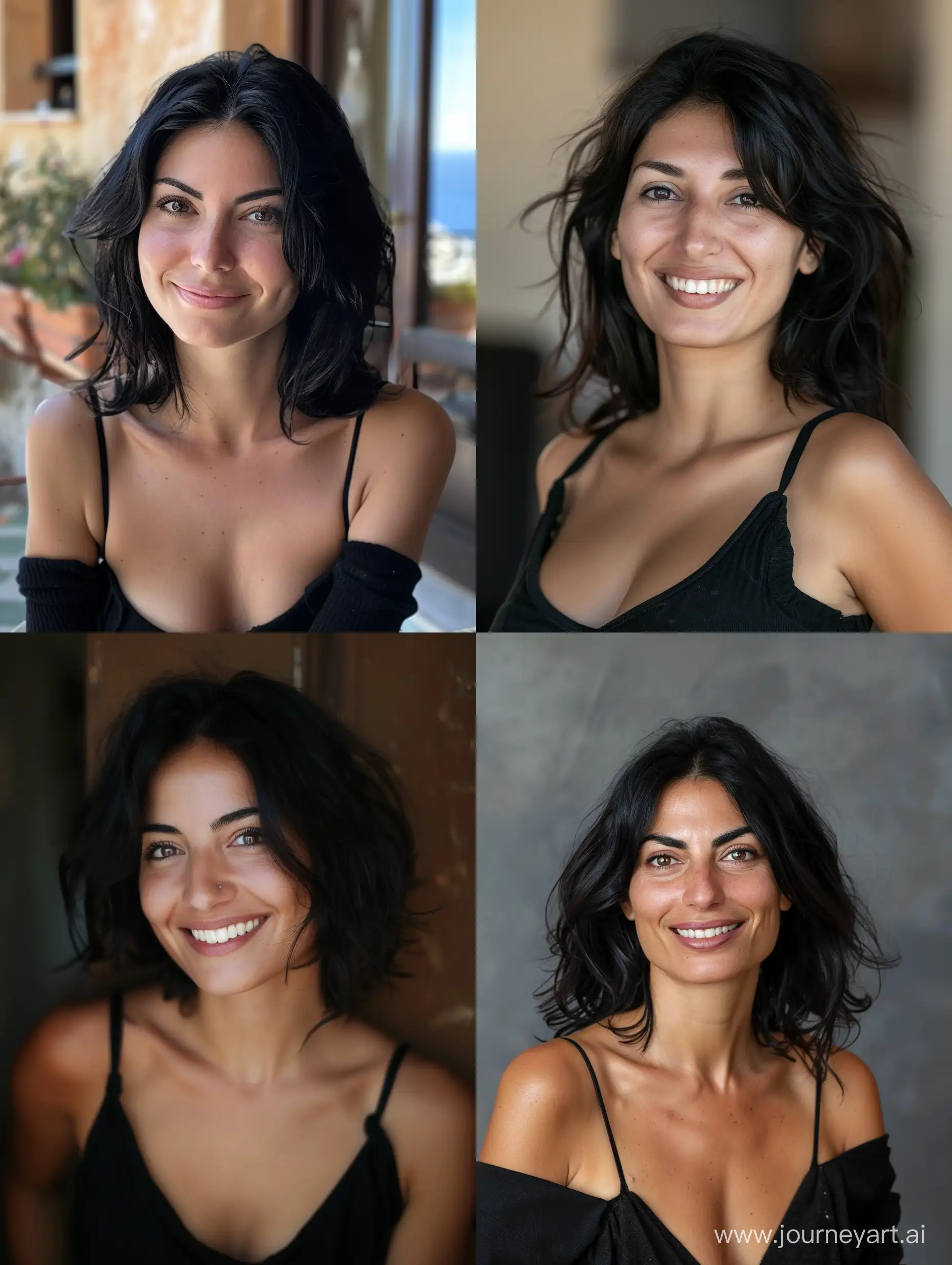 A  sicilian woman with a voluminous chest, smiling at you. Black hair brown eyes, curved nose, thin body, skinny.