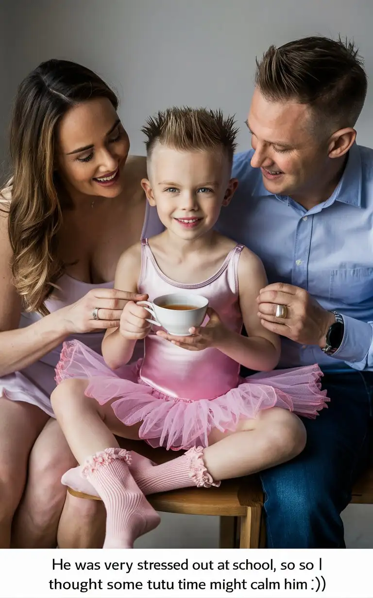 (((Gender role-reversal))), Photograph of a mum and dad sitting with their young son, a cute boy age 8 with short smart spiky blonde hair shaved on the sides, on a couch, the boy is wearing a smooth pink ballerina silky leotard and frilly netted tutu and frilly pink socks, the boy is holding a cup of tea and he is smiling, adorable, perfect children faces, perfect faces, clear faces, perfect eyes, perfect noses, smooth skin, photograph style, the photograph is captioned below “He was very stressed out at school, so I thought some tutu time might calm him :D”