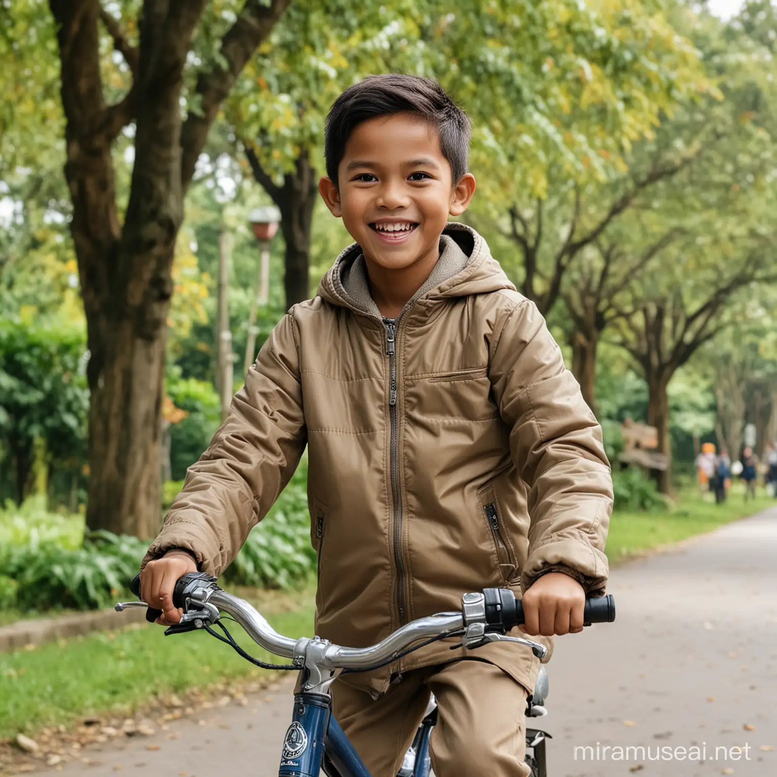 Joyful Indonesian Boy Cycling with Younger Brother in Park