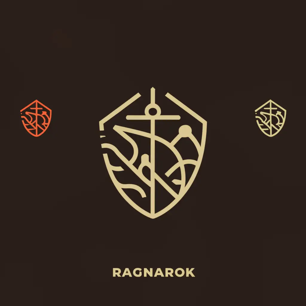 LOGO-Design-for-Ragnarok-Minimalistic-Shield-Emblem-with-Needle-and-Thread-Swords-Quill-and-Jesters-Staff