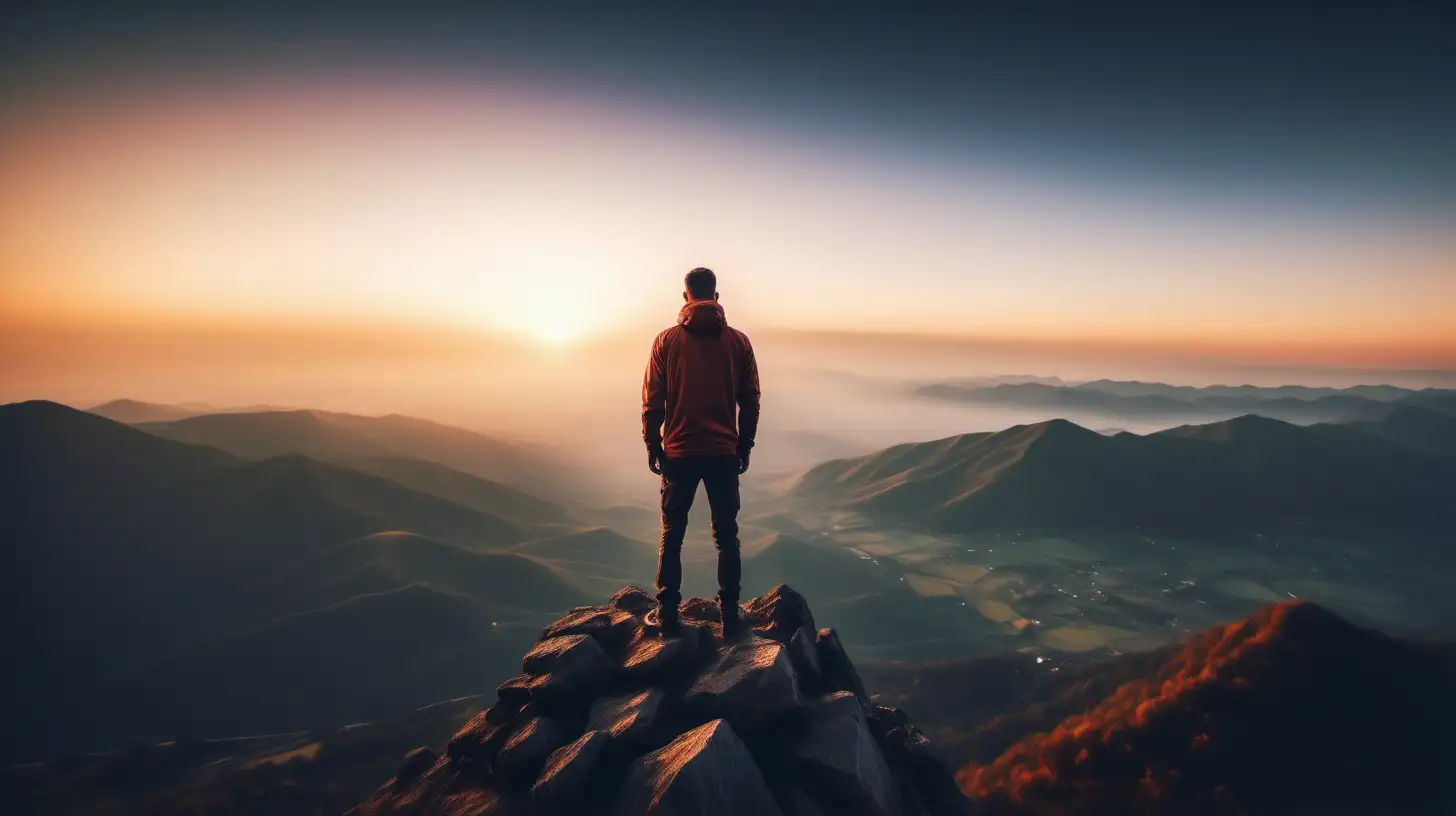 a man standing on a mountain overlooking the beautiful landscape, background blurred, sunrise in background, space on top of the mans head