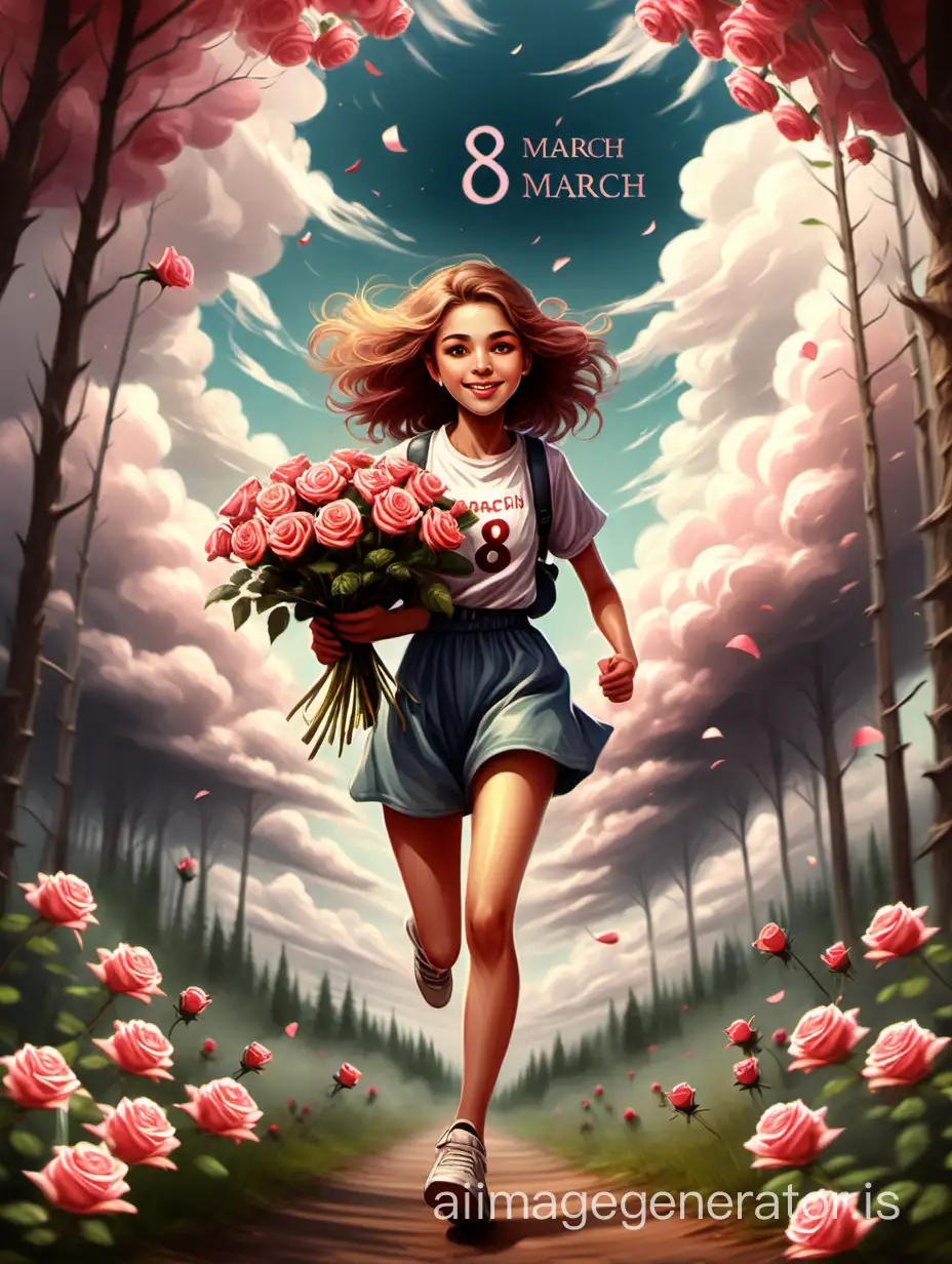 Congratulations on March 8th.
A beautiful teenager runs through the forest
The teenager is holding a bouquet of roses
Beautiful clouds in the sky
The inscription "8 March".
