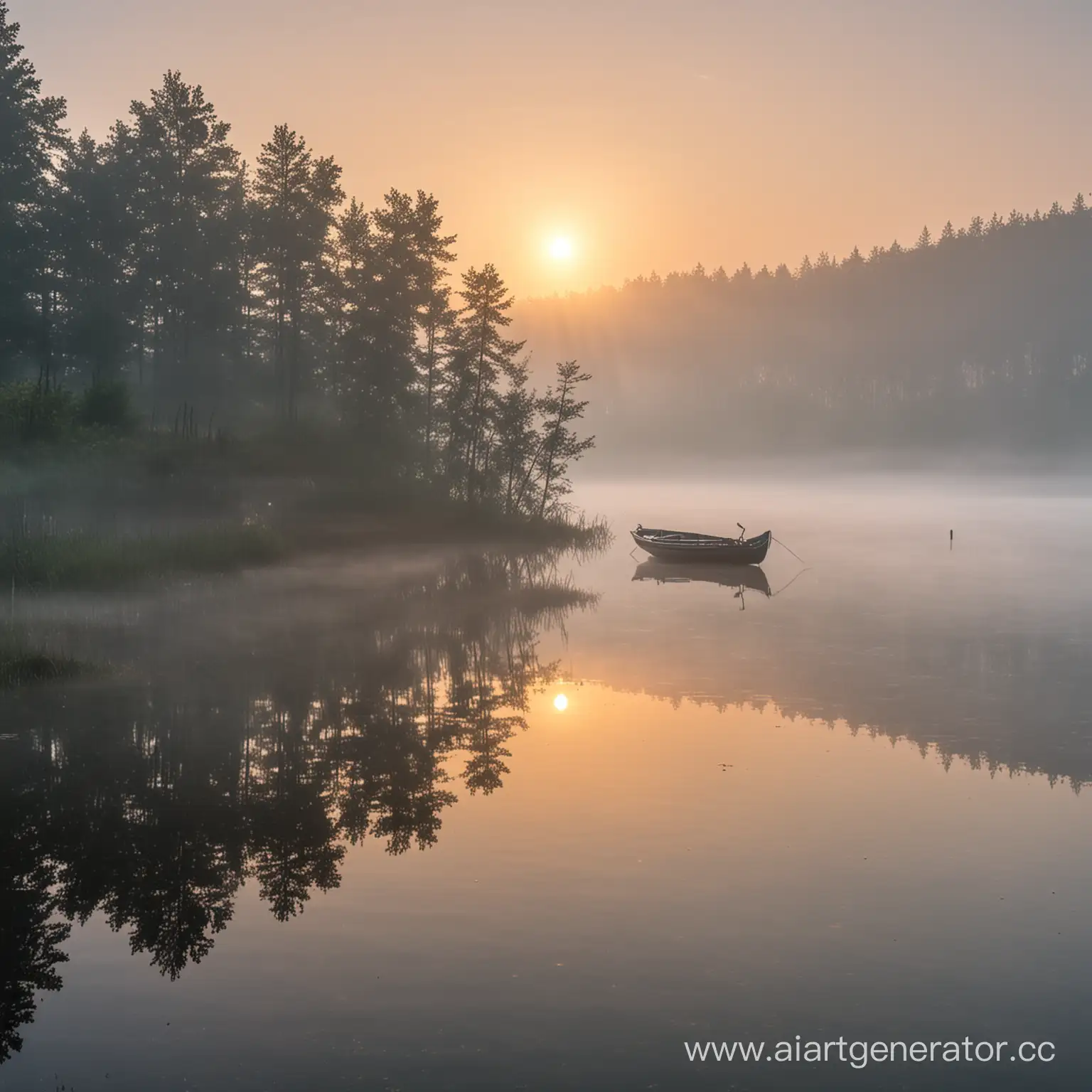 Tranquil-Morning-Boat-on-Misty-Lake-at-Sunrise