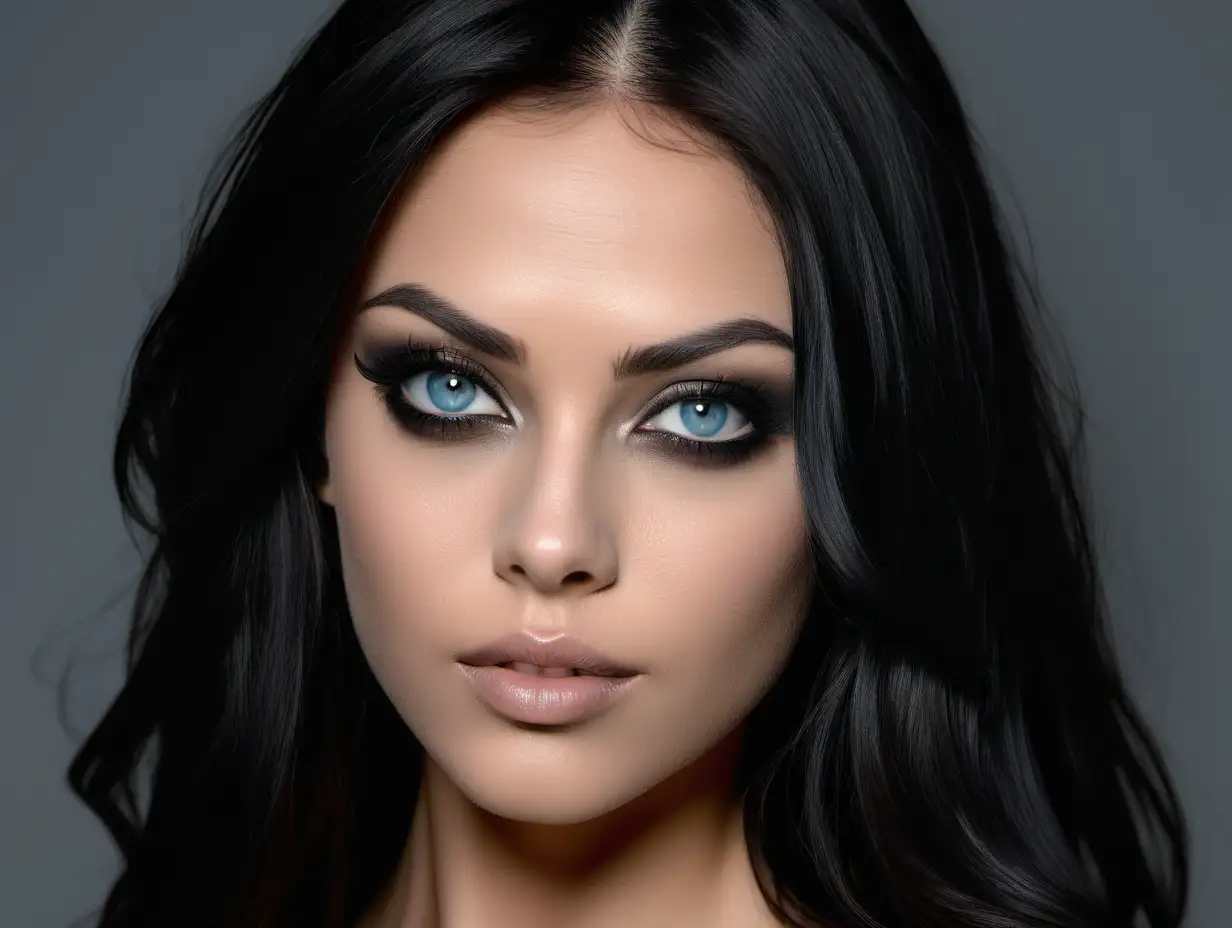 a symmetrical face with high cheekbones, a strong jawline, and almond-shaped blue eyes. eyebrows are well-defined and arched, enhancing her expressive eyes. smokey eye makeup, that further accentuates her eyes' shape and color. WIth tattoos. hair is typically long, flowing, and dark brunette, often styled in loose waves or straight. She occasionally experiments with different hair colors and styles, but her signature look is her long, dark hair.smooth, olive complexion which she often pairs with a natural or bronzed makeup look, highlighting her features without appearing overdone.lips are full and well-defined, often accentuated with lipstick shades ranging from natural pinks to bold reds, depending on the occasion.glamorous and edgy toned and slender physique, which is often highlighted in her choice of attire, whether it be on the red carpet or in casual settings. worn jeans, hot pants,
. The hole body. high heels. camera 85mm lens