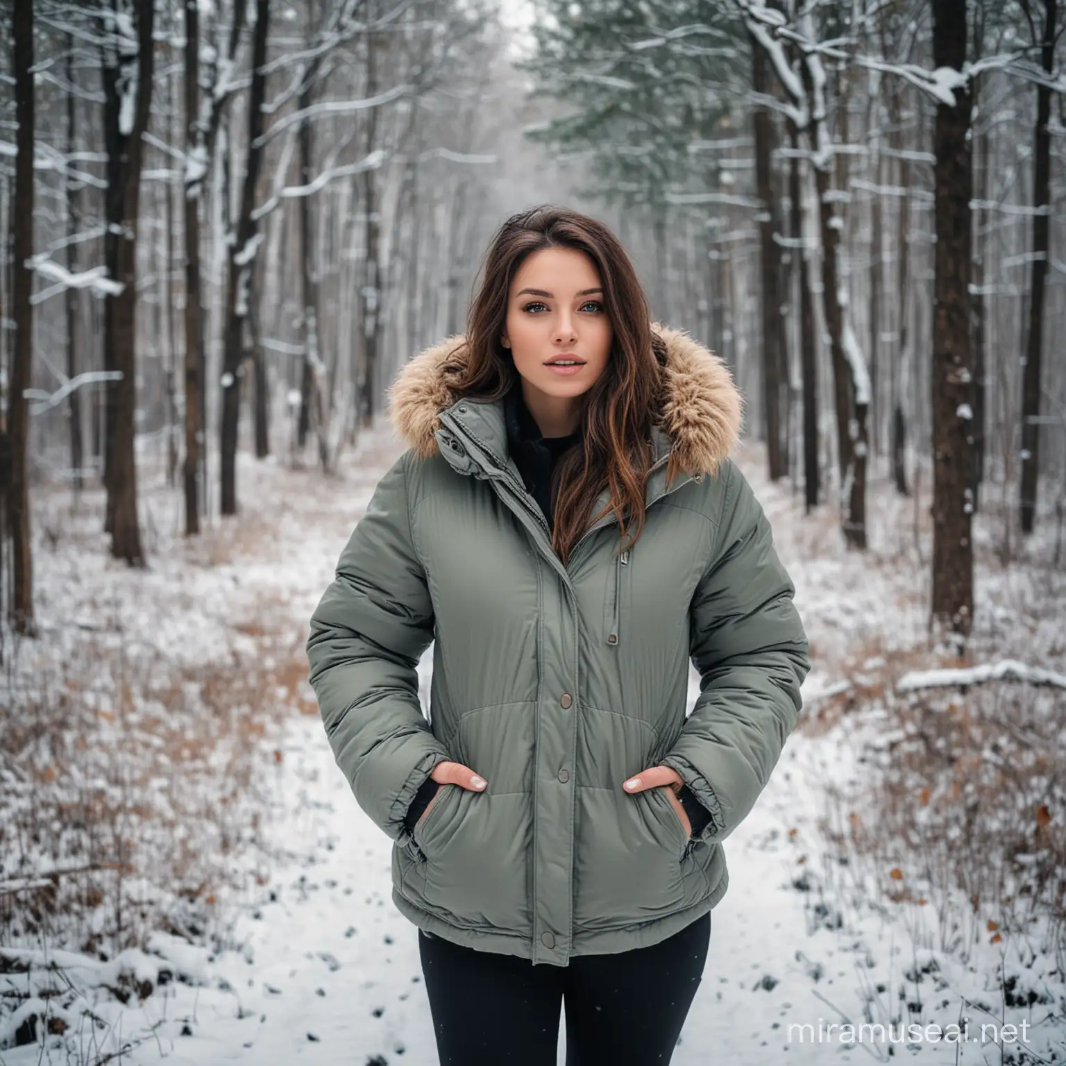 beautiful woman standing cold wearing a thick jacket in the snow in the forest