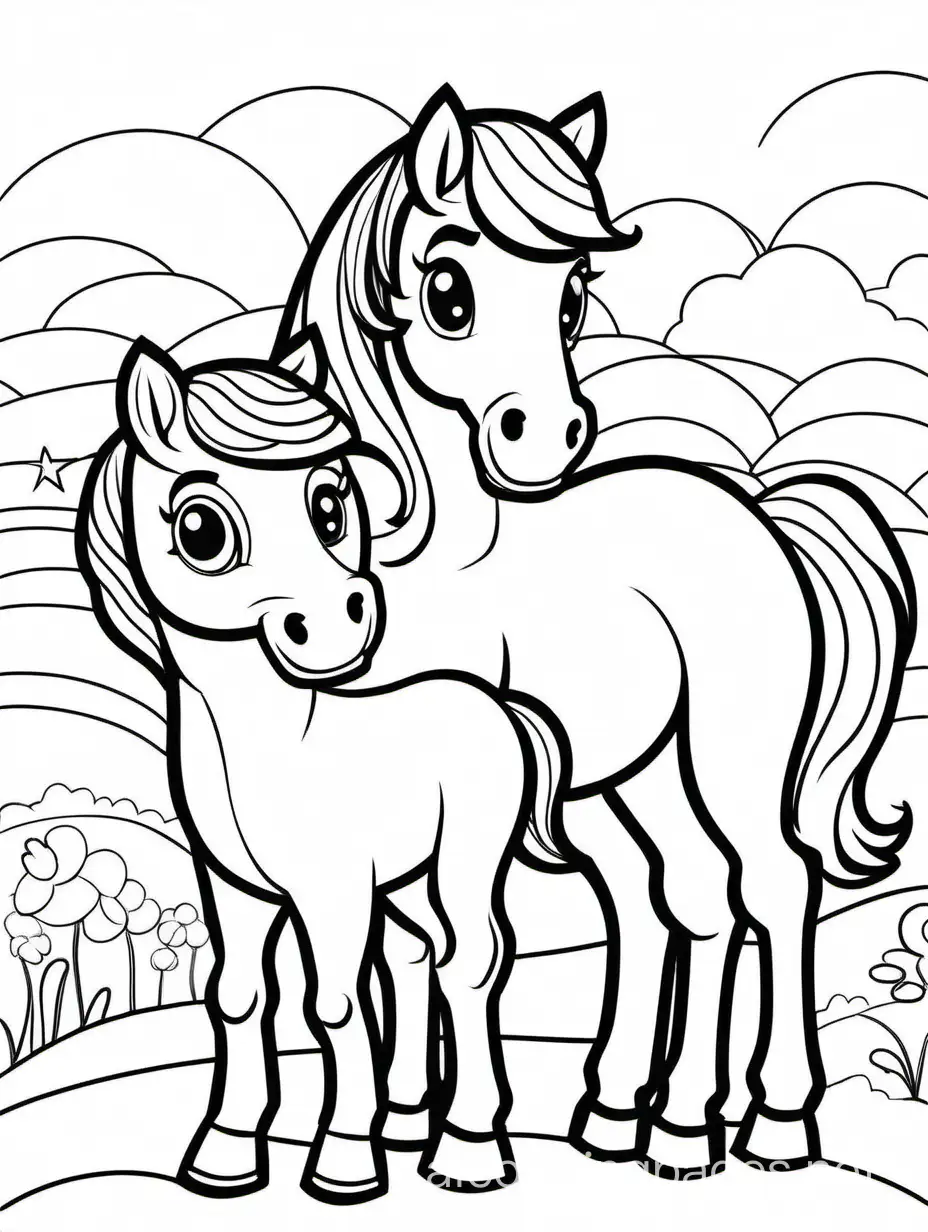 cute horse with his baby for kids easy, Coloring Page, black and white, line art, white background, Simplicity, Ample White Space. The background of the coloring page is plain white to make it easy for young children to color within the lines. The outlines of all the subjects are easy to distinguish, making it simple for kids to color without too much difficulty