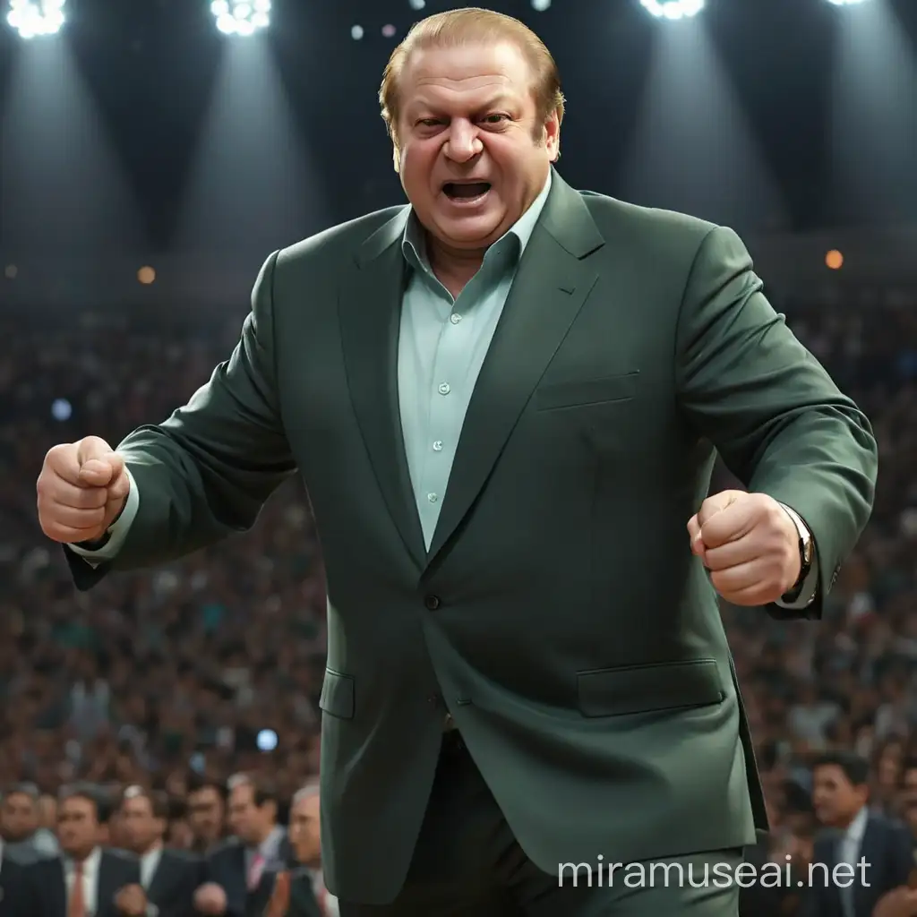 /imagine prompt: 3D, personality: Nawaz Sharif entering the arena, flexing his muscles and taunting the audience with a confident smirk. The lights dim in the background, creating a dramatic atmosphere unreal engine, hyper real --q 2 --v 5.2 --ar 16:9