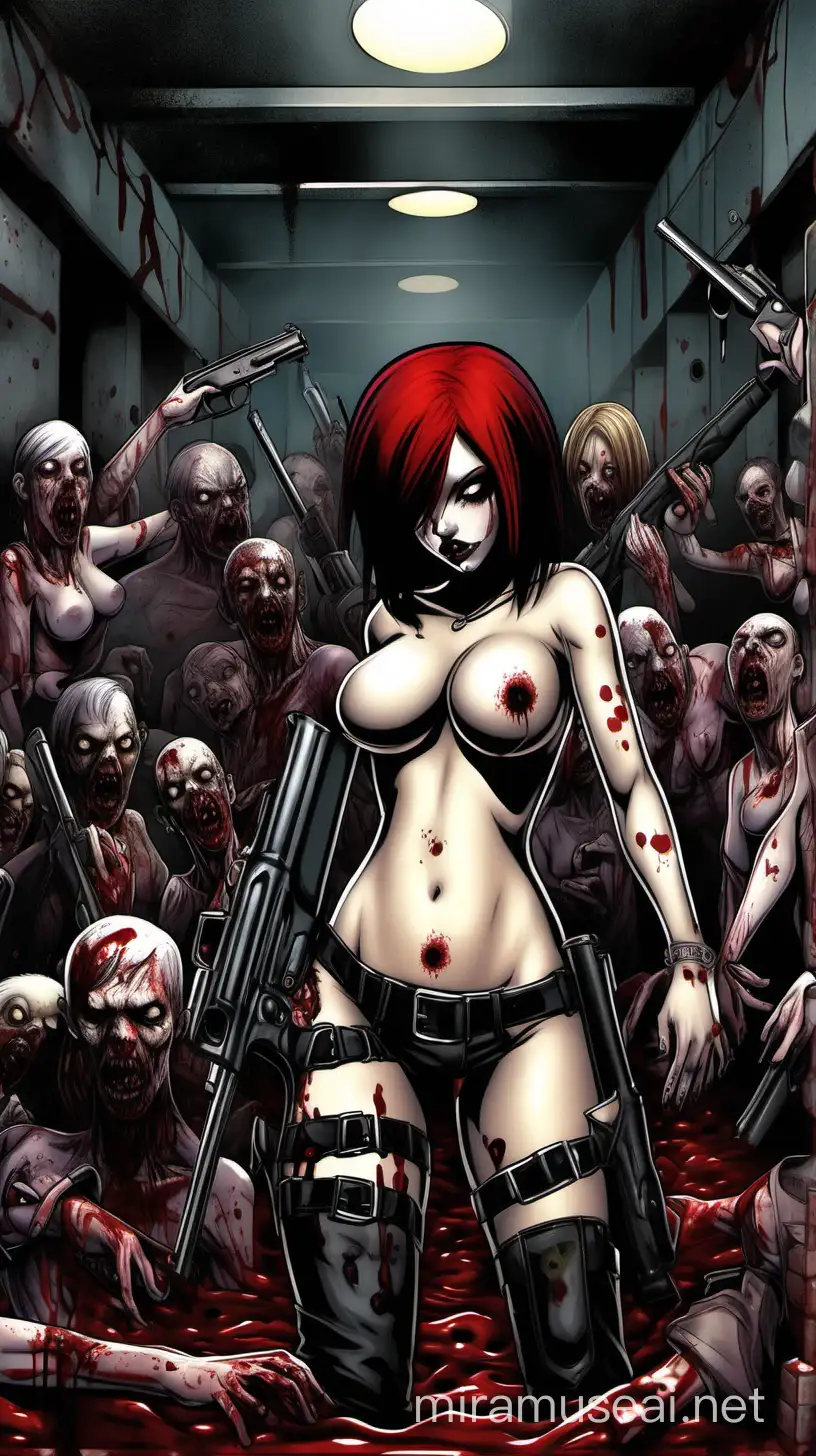 Voluptuous Nude Emo Girl Defends Against Zombies with Shotgun in Bloody Dungeon