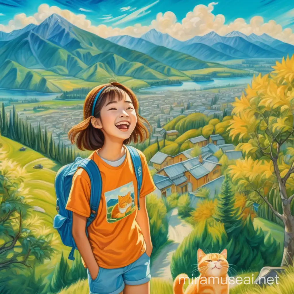 Carefree and Confident Asian Teenager Hiking with Orange Cat on Mountain Top