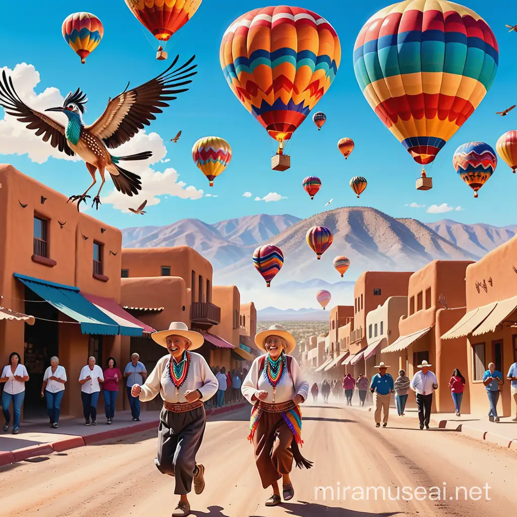 poster style, elderly people celebrating in New Mexico, Native American, roadrunner, variety of cultures in background, hot air balloons, adobe buildings, chile bundles, having fun, celebration, papel picado hanging everywhere, a roadrunner running by. 