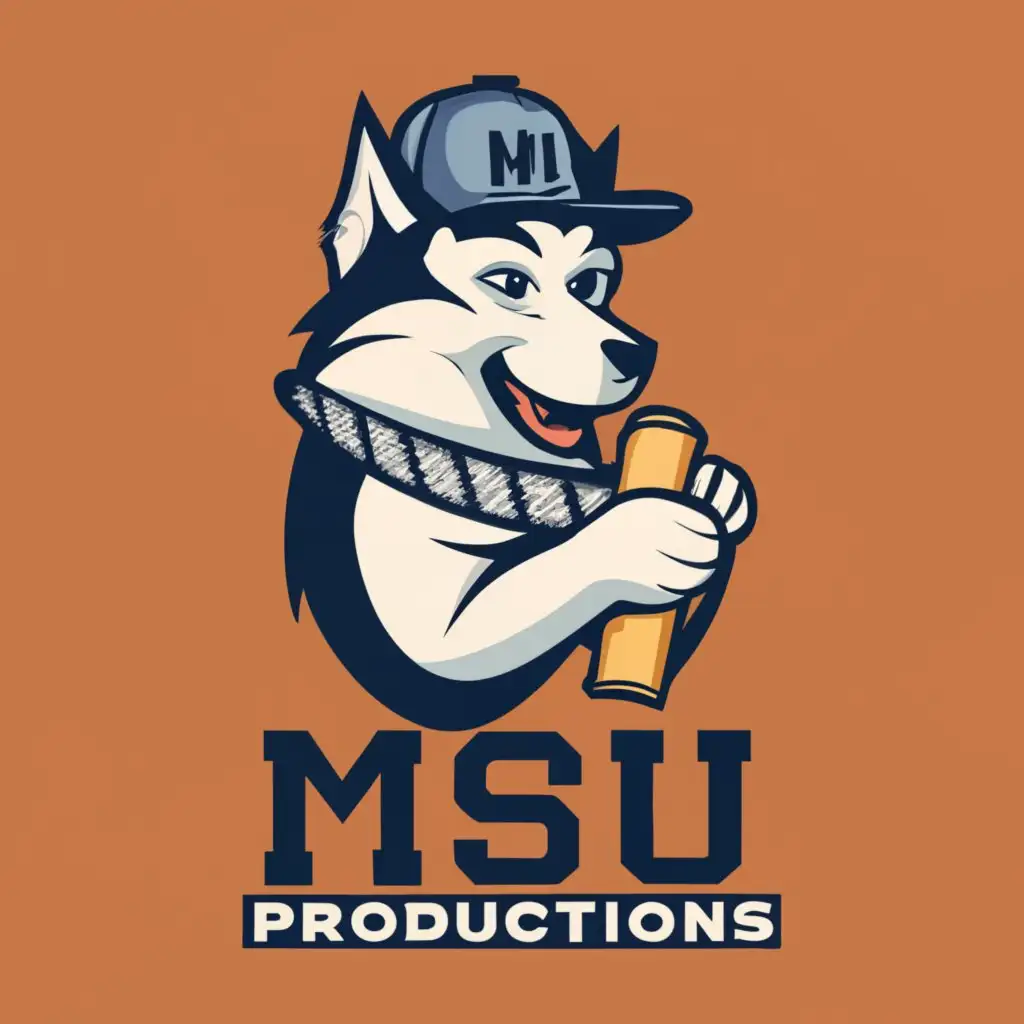 logo, Husky with a baseball hat, with the text "MSU Productions", typography, be used in Entertainment industry