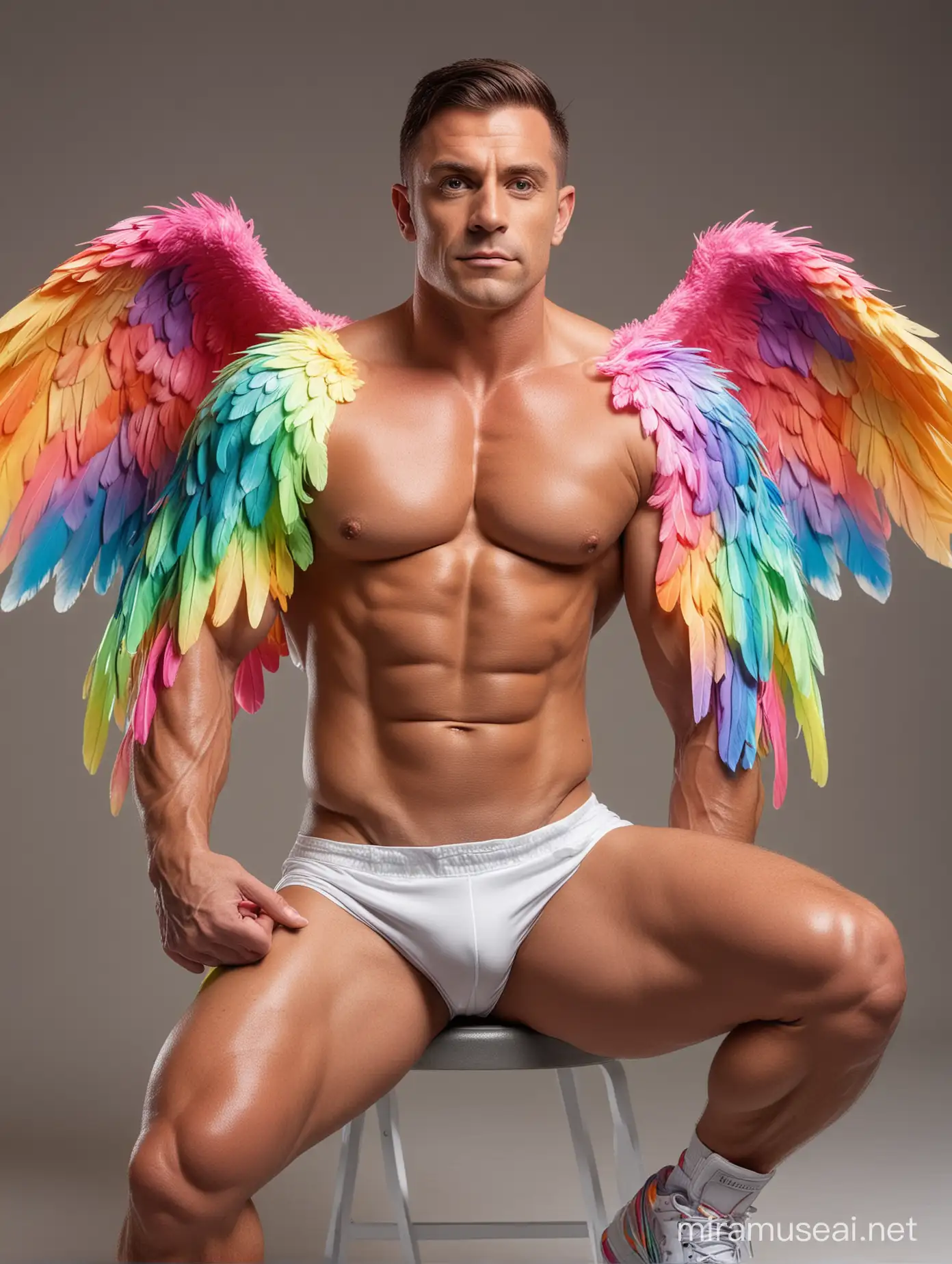 Studio Light Topless 30s Ultra Chunky IFBB Bodybuilder Daddy with Beautiful Big Eyes wearing Multi-Highlighter Bright Rainbow with white Coloured See Through Eagle Wings Shoulder LED Jacket Short shorts left arm Flexing Bicep Up Pose seating on
