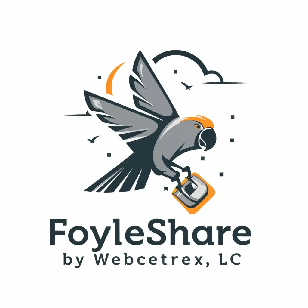 a logo design,with the text "FoyleShare
by Webcentrex, LLC", main symbol:african grey, flying, holding digital storage,Minimalistic,be used in Technology industry,clear background
