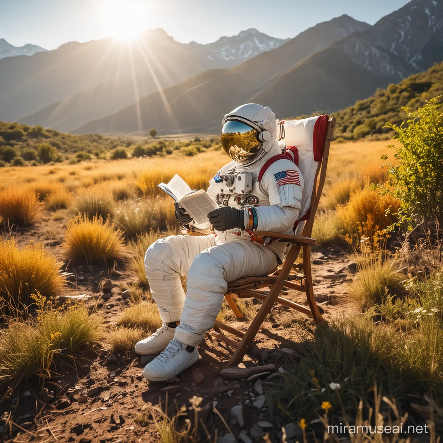 An astronaut seating on a wooden chair in an open colorful vegetation field, sun light, reading a book, front facing, focus on camera mountainous environment , full body shot