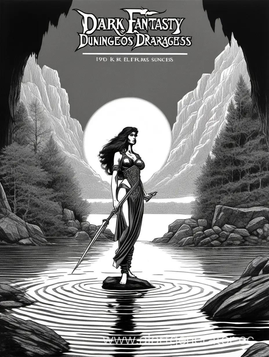 Обложка книги темного фэнтези 1970-х годов Подземелья и драконы Рисунок красивой Богини в озере с минималистичной дальней перспективой, стиль Ларри Элмора
