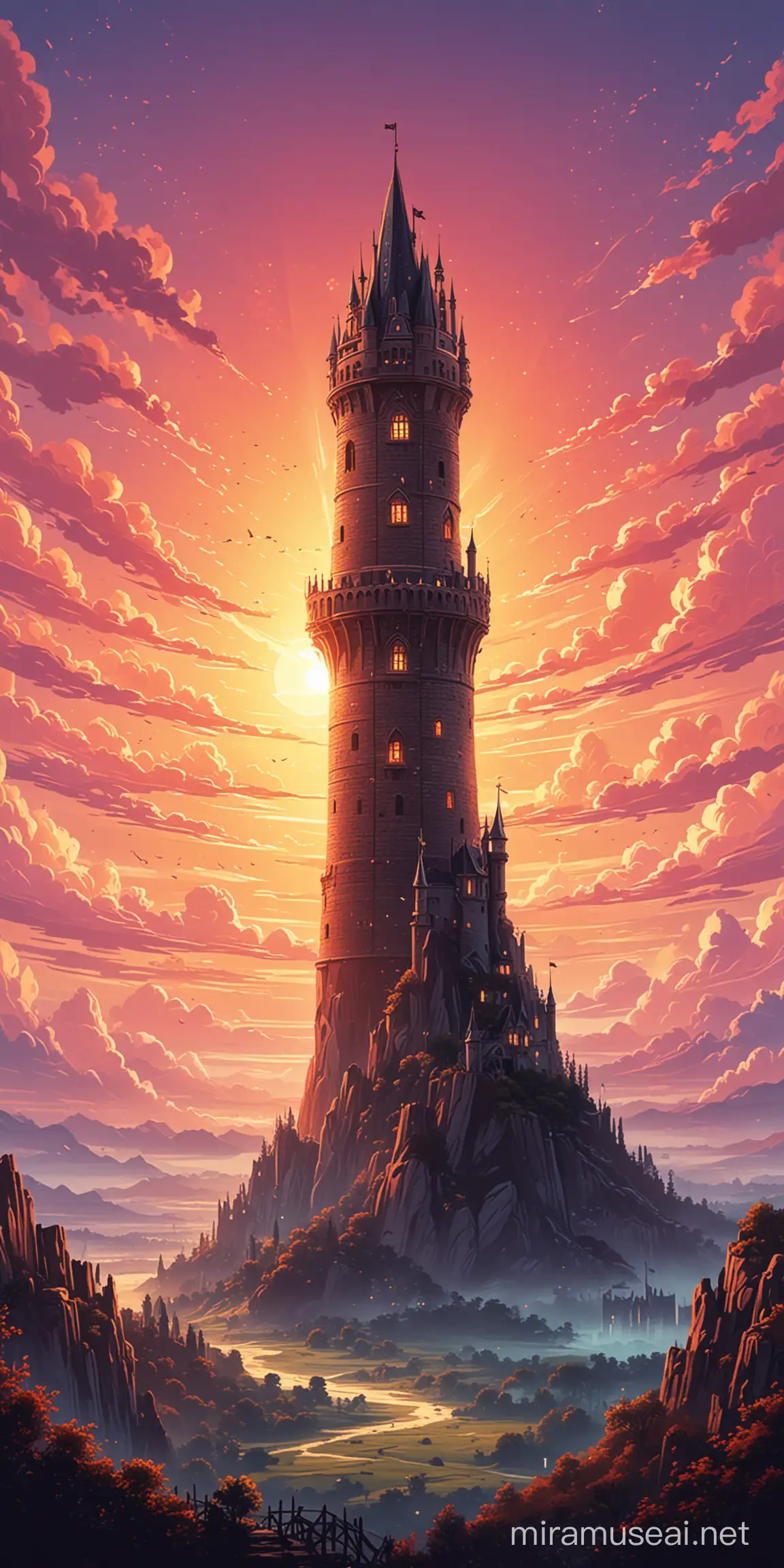 vector art of tower with magic rising from it with a distant fantasy land behind it at dusk with sun almost set