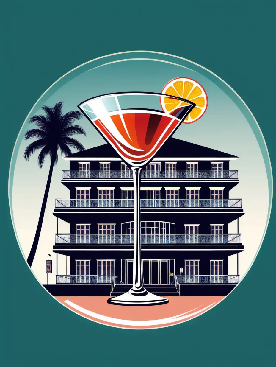 Colonial Style Fifties Hotel Inside a Cocktail Glass Illustration
