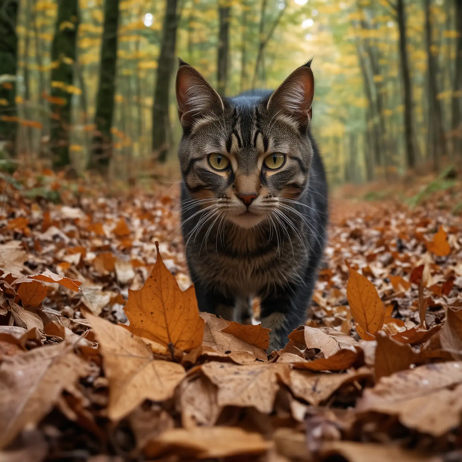 Stealthy Cat Prowling in Dense Forest Capturing Focused Gaze and Wilderness