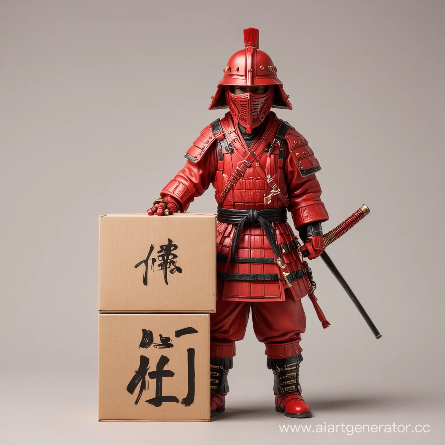 нарисуй фигурку красного самурая в шлеме держащего коробку с буквами английскими буквами WB