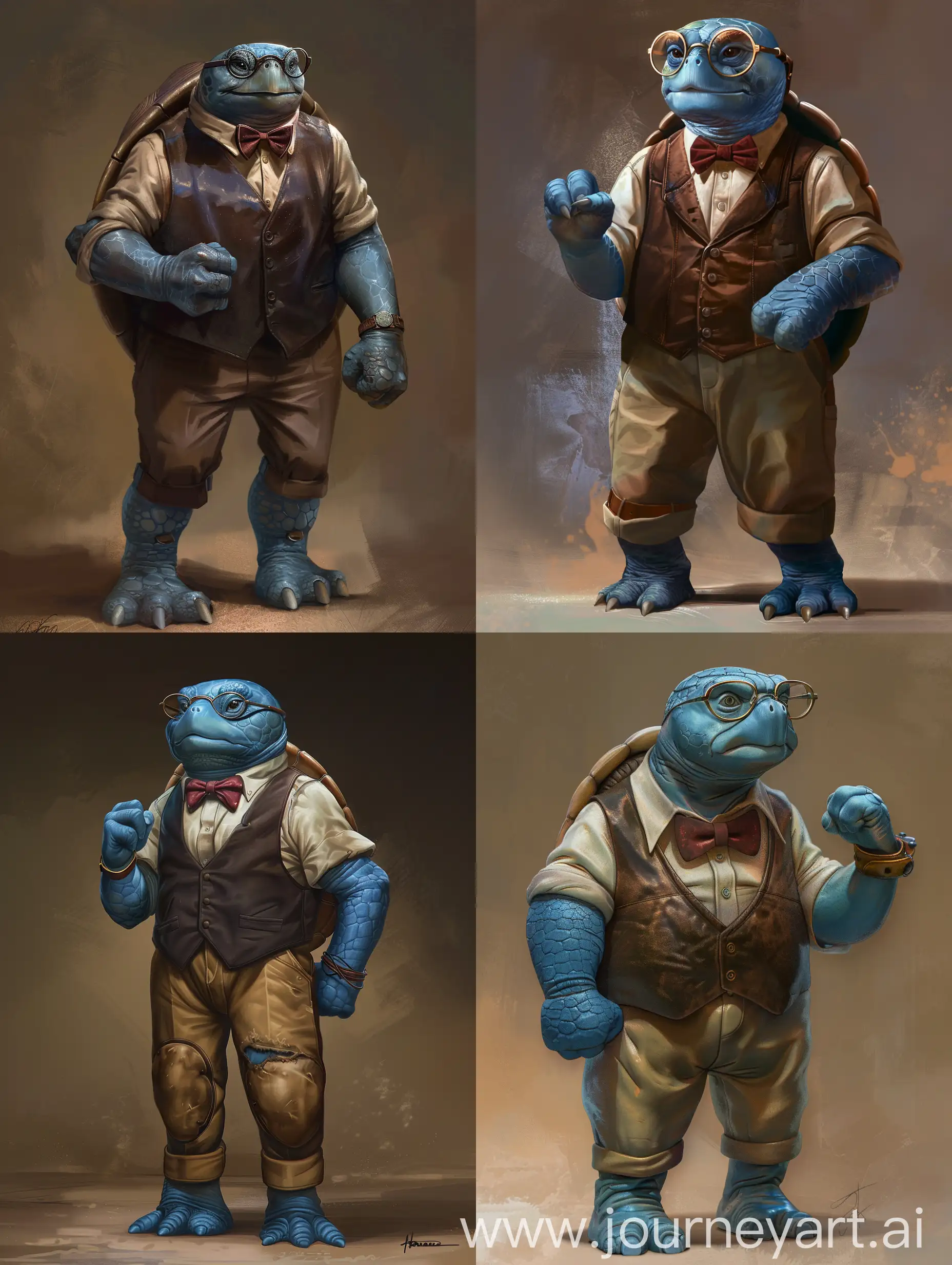 /imagine prompt: A character study of an intellectual blue turtle in sophisticated attire, featuring sepia pants, an alabaster shirt, a leather-brown vest, and a bowtie in deep carmine. His shell is polished and visible, glasses squarely on, with a hand curled into a fist signifying resolution. Created Using: CGI aesthetic, layered color depth, clarity in expression, nuanced shell textures, digital painting techniques, ambient light casting soft shadows --ar 3:4 --v 6.0