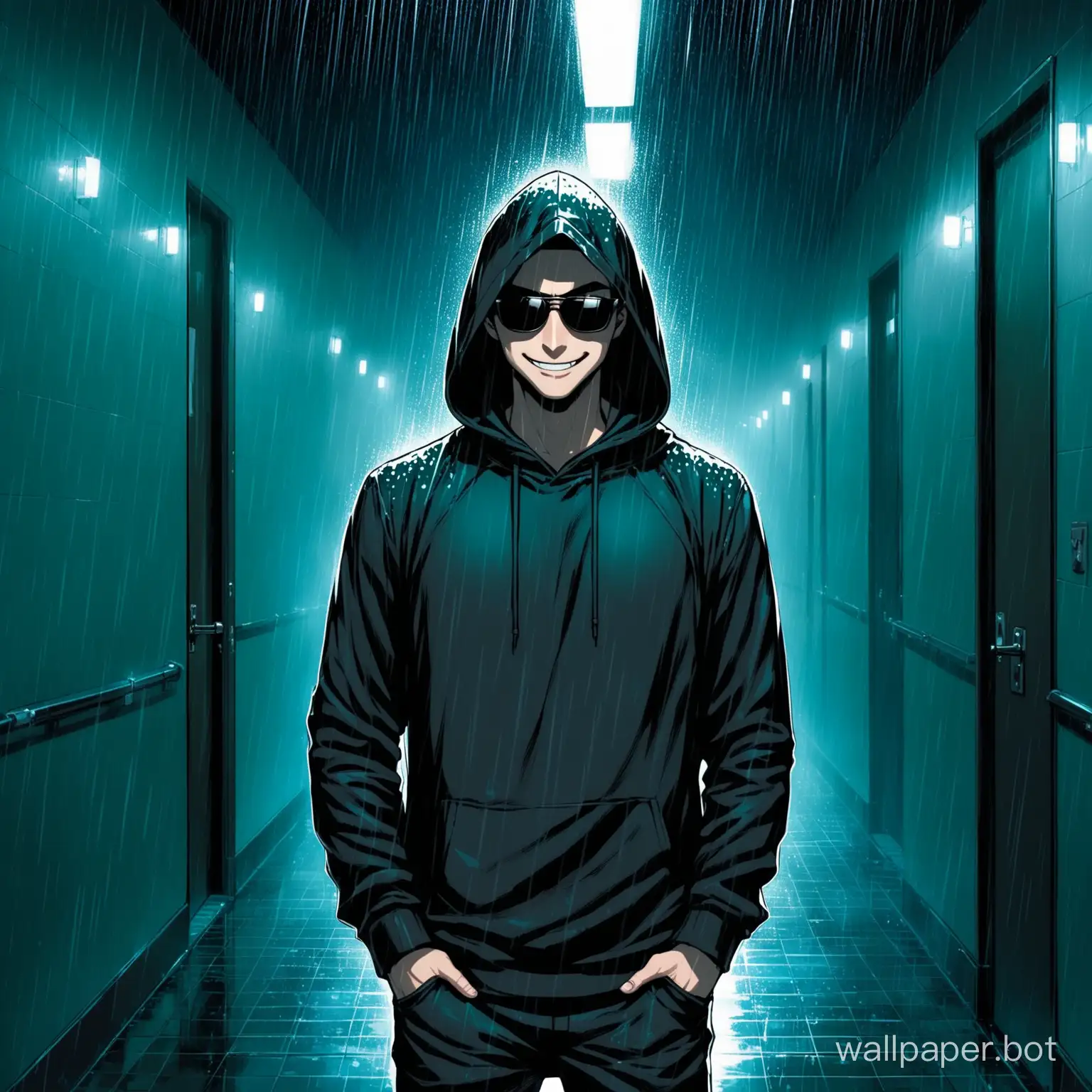Guy, in a black sweatshirt, in a hood, in the rain, wearing sunglasses, sinister smile, night, in the corridor