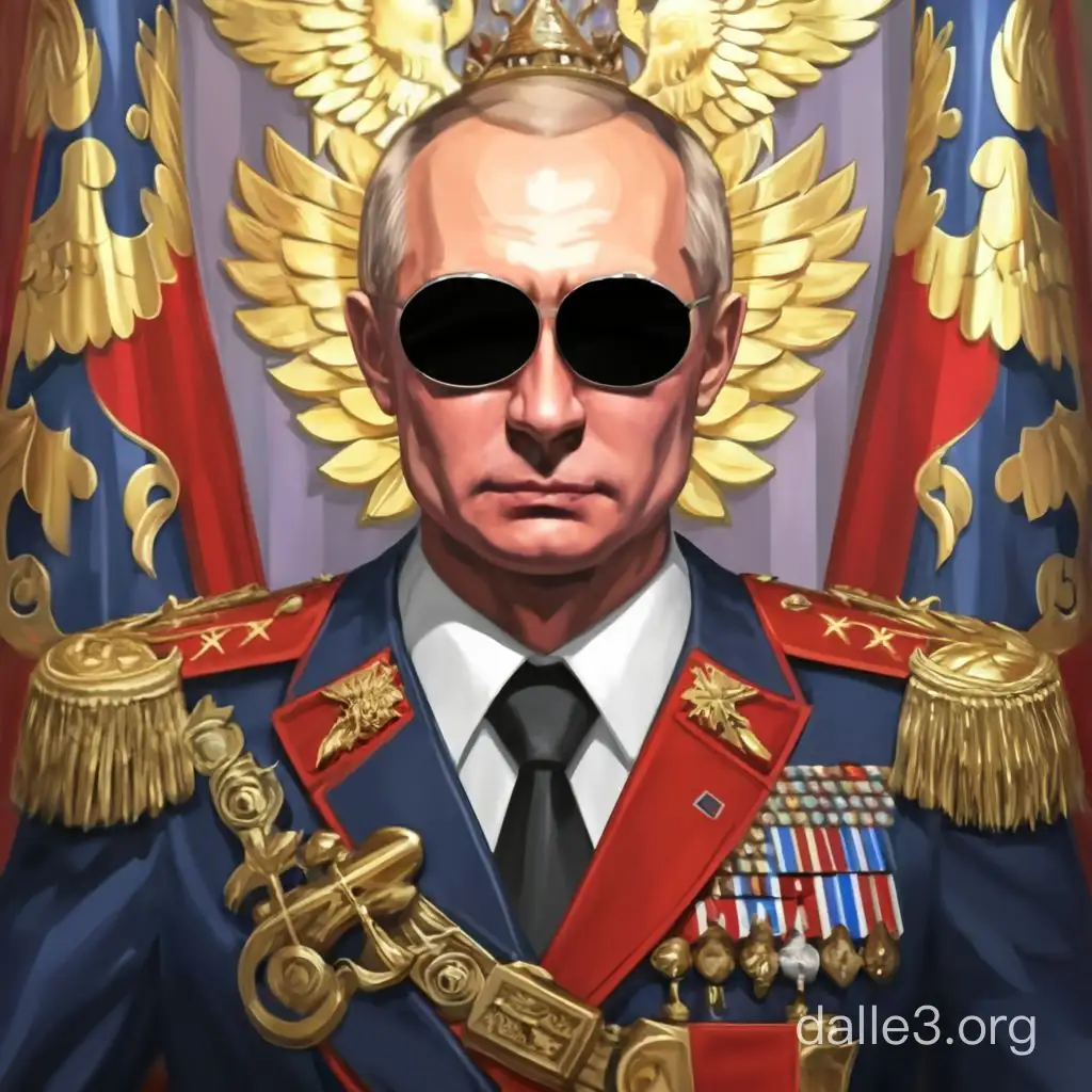Draw a portrait of Putin in style of HOI 4, he should have a crown, sunglasses, and uniform of Emperor 