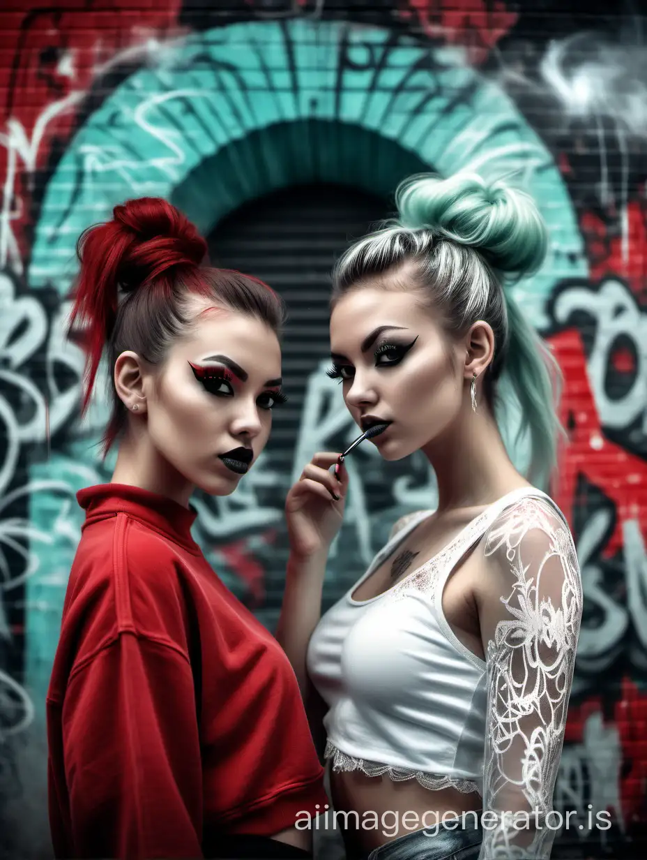 two girls one in mint the other in red in hip-hop style by the graffiti wall, smoke, long crystalline eyelashes, 120k, high quality, feminine face aesthetics, grunge textures, elegant, realistic, hair gathered in a bun, sparkling body, standing by a beautiful arch, silver lace, high resolution, depth of exposures, triple exposure