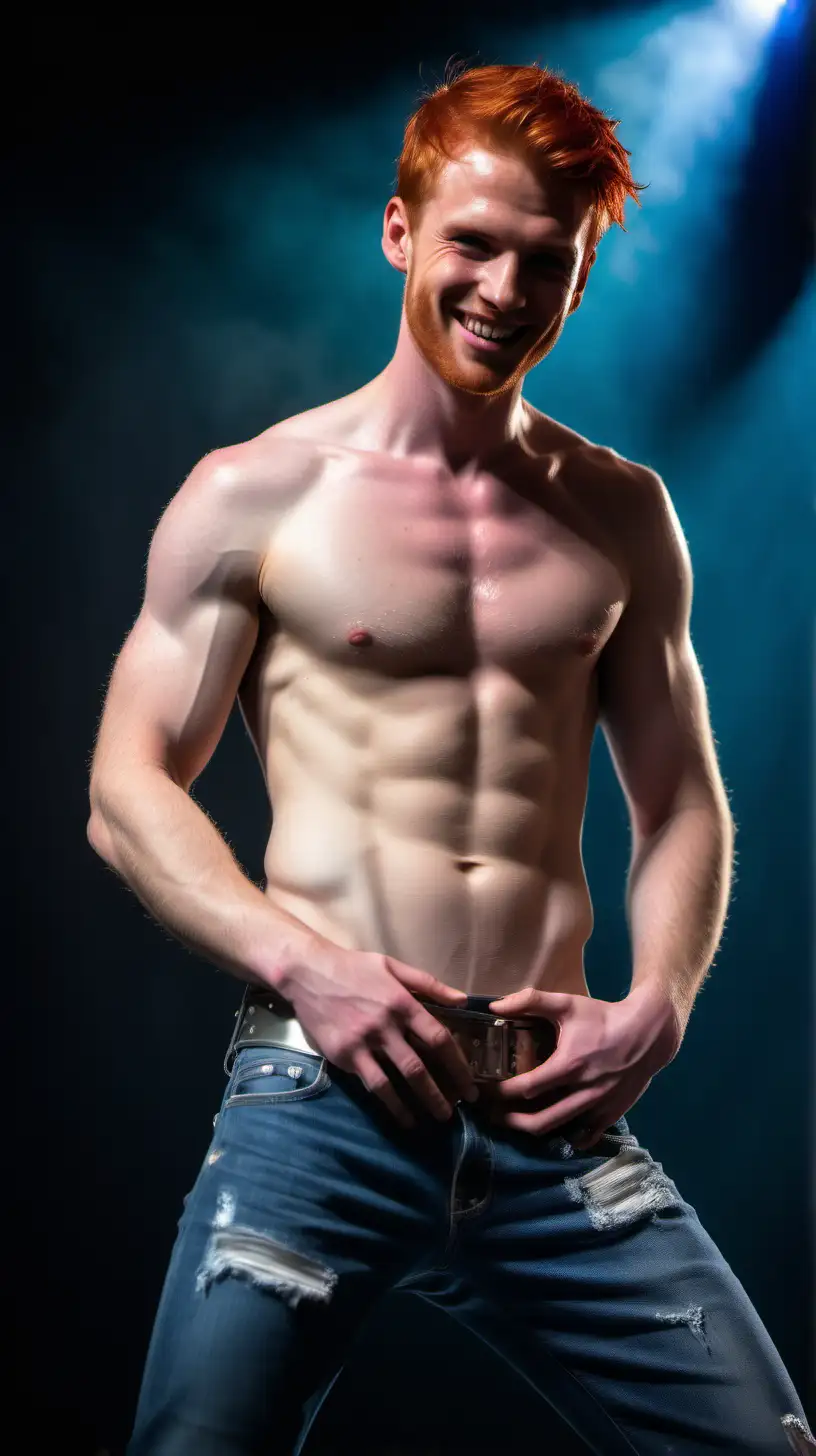 A handsome redhead shirtless male rockstar in a gay indoor concert. His sweat dripping chest and abs are so sensual under the spotlight. He hugs and looks at his gay fan with a flirty smile.  full body, blue jeans