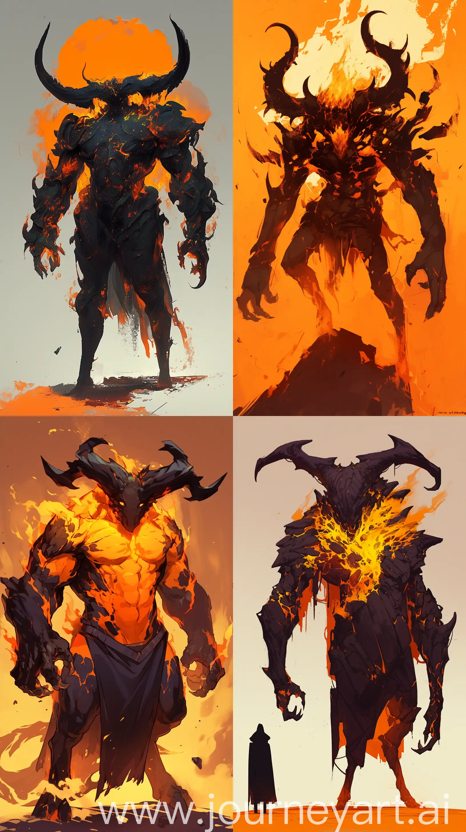 A fire creature, human-like body structure, huge dark horns, Orange Black color pallet, --ar 9:16 --niji 6