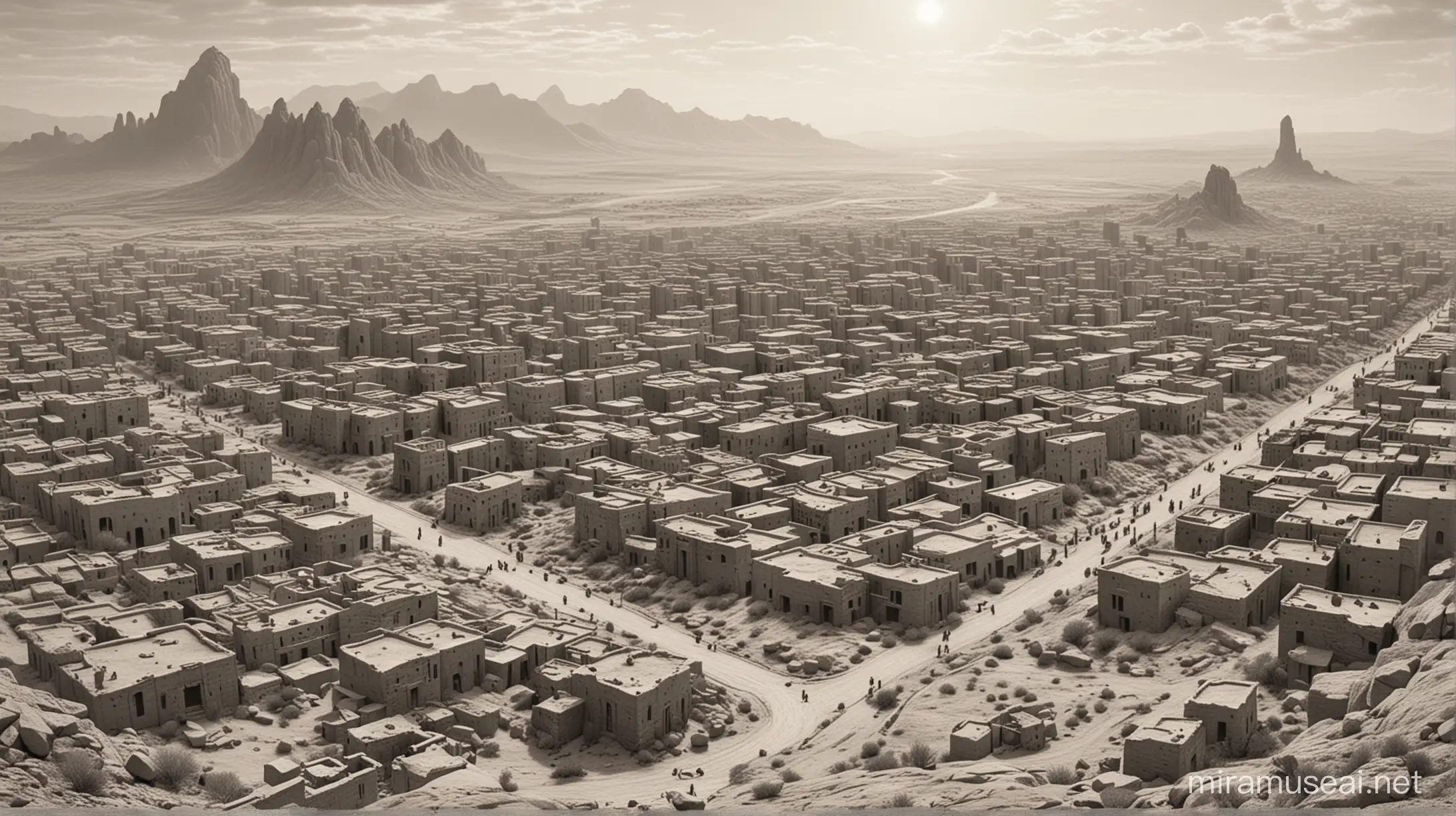 Create a pencil drawing of a big city in a gray, rocky and mystique desert. The city has an ancient look, probably Babylonian. The city consists of 7 different areas that are located coaxial around the city center. Towards the center, the city gets higher and higher.   