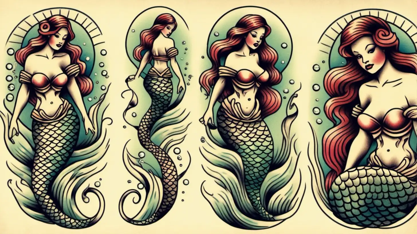 old-school tattoo, full body mermaid looking forward