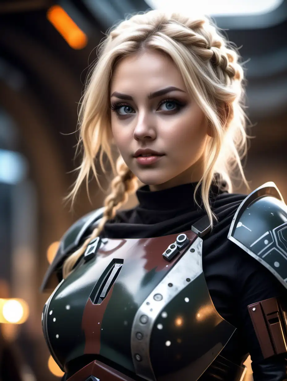 Beautiful Nordic woman, very attractive face, detailed eyes, big breasts, slim body, messy blonde hair, wearing a black mandalorian cosplay outfit, close up, bokeh background, soft light on face, rim lighting, facing away from camera, looking back over her shoulder, standing in front of a base on Kamino, Illustration, very high detail, extra wide photo, full body photo, aerial photo