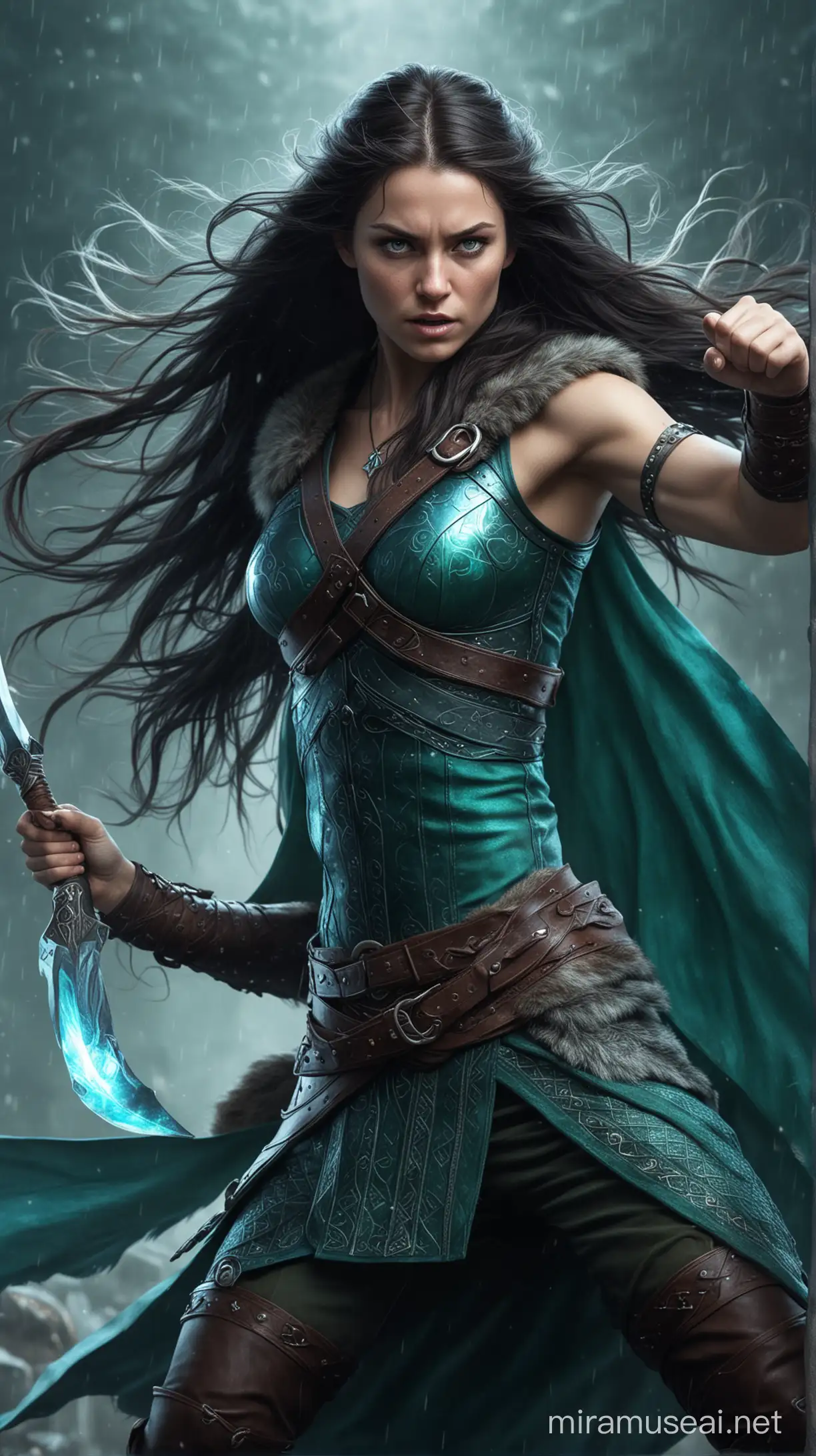Female Viking, long dark hair, iridescent, blue-green, fighting pose,