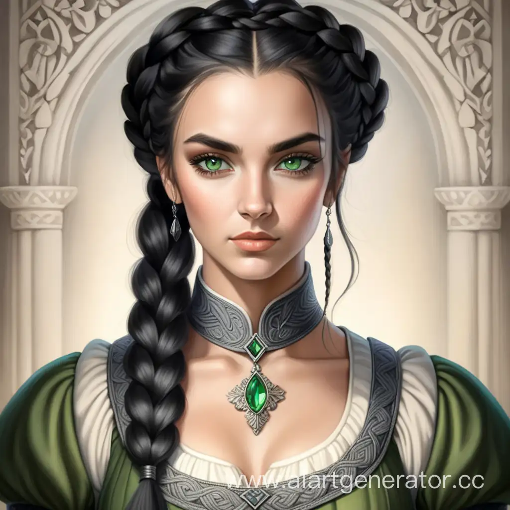 Красивая женщина, чёрные волосы заплетённы в одну пышную косу, зелёные глаза, европейская внешность, красивая леди, дама, средневековье, арт, симметрия, портрет