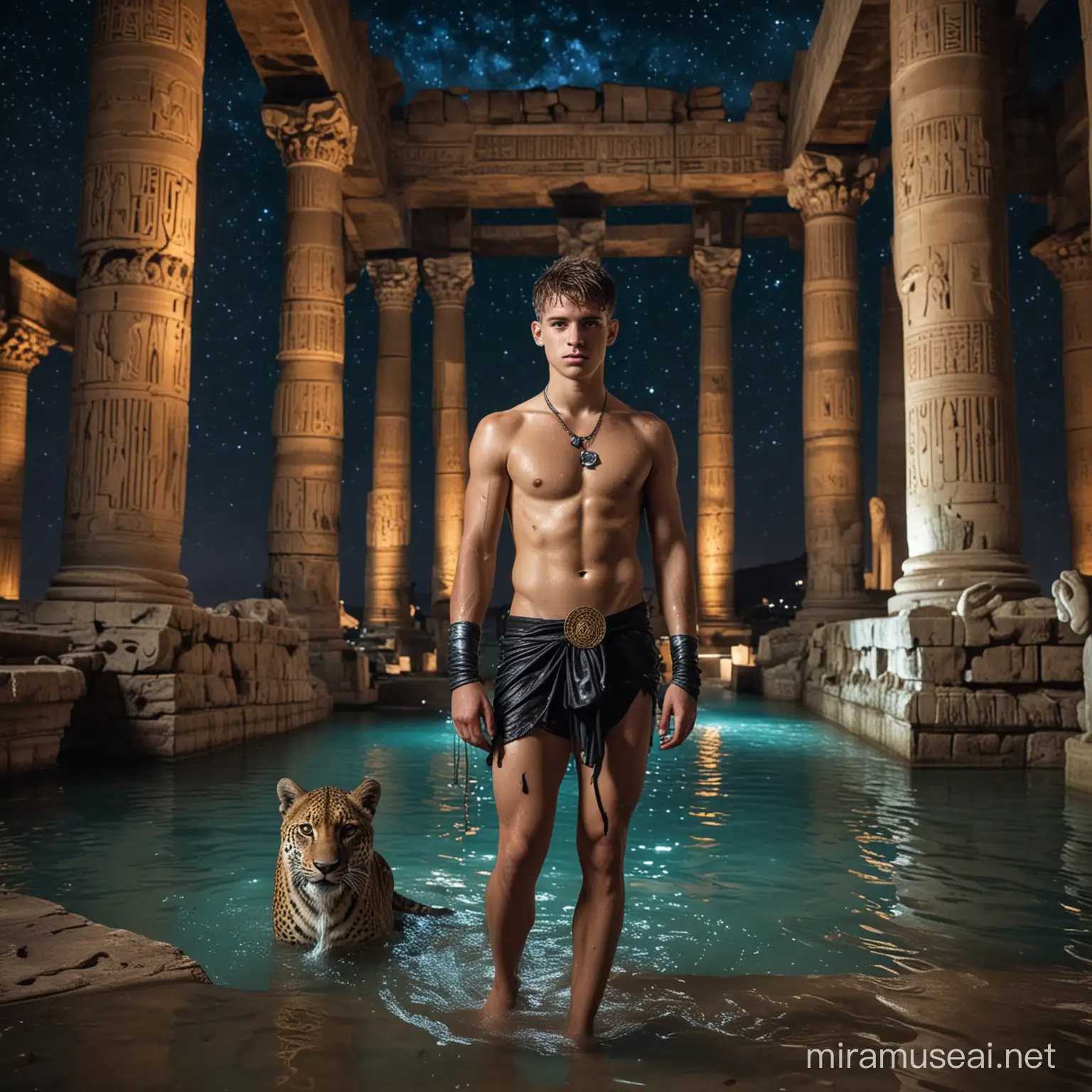 Sweaty wet, very muscled, young teen boy, undercut hairdress,  with his feet in the water of an oasis. Dressed as a roman soldier shirtless. In front of the statue of Bastet with two leopards at the feet of the statue in the ruins of a egyptian temple. At night. The sky is full of stars with a huge galaxy. Blue neon colors ambient.