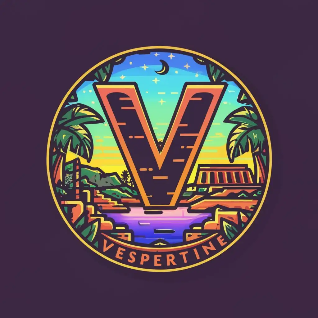 logo, Logo Symbol: synthwave style, letter V in center, sunset in background, stars in the sky, palm trees and mayan ruins, greek sculpture, jungle border, in circular badge, with the text "Vespertine", typography, be used in Travel industry