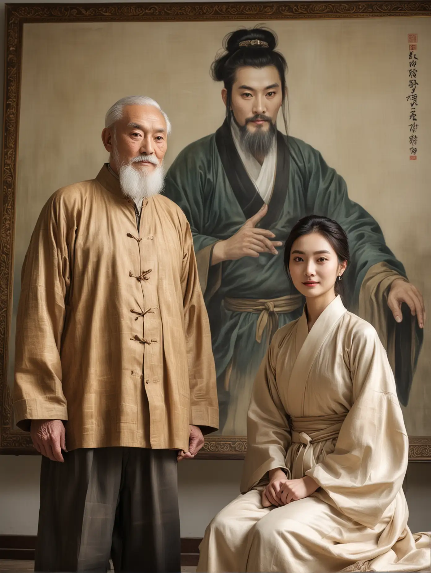 Elderly and Youth Ancient Man and Jing Tian in a Spacious Painting Room