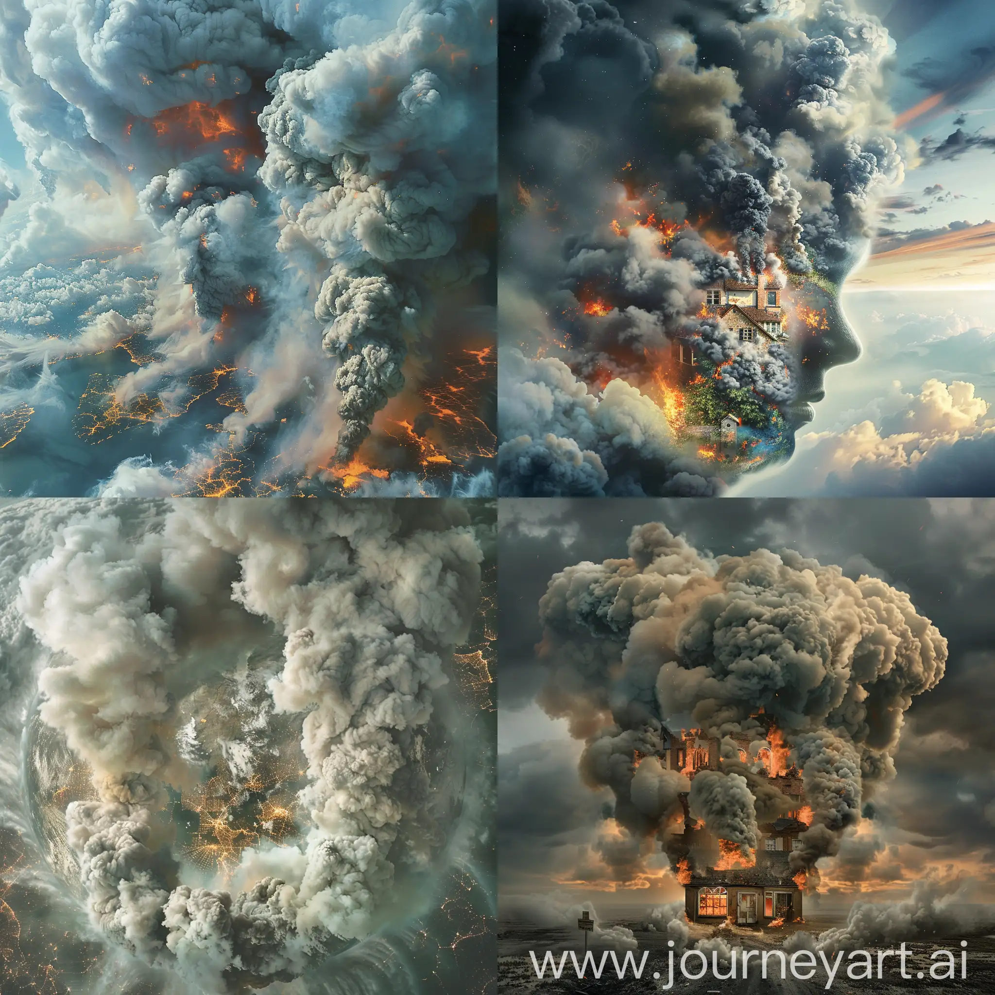 "The appearance of smoke filling the entire sky and earth, turning the surroundings into what seems like a burning house. This imagery signifies extreme destruction and chaos, with smoke entering through every human inlet – the nostrils, ears, eyes, and ears."